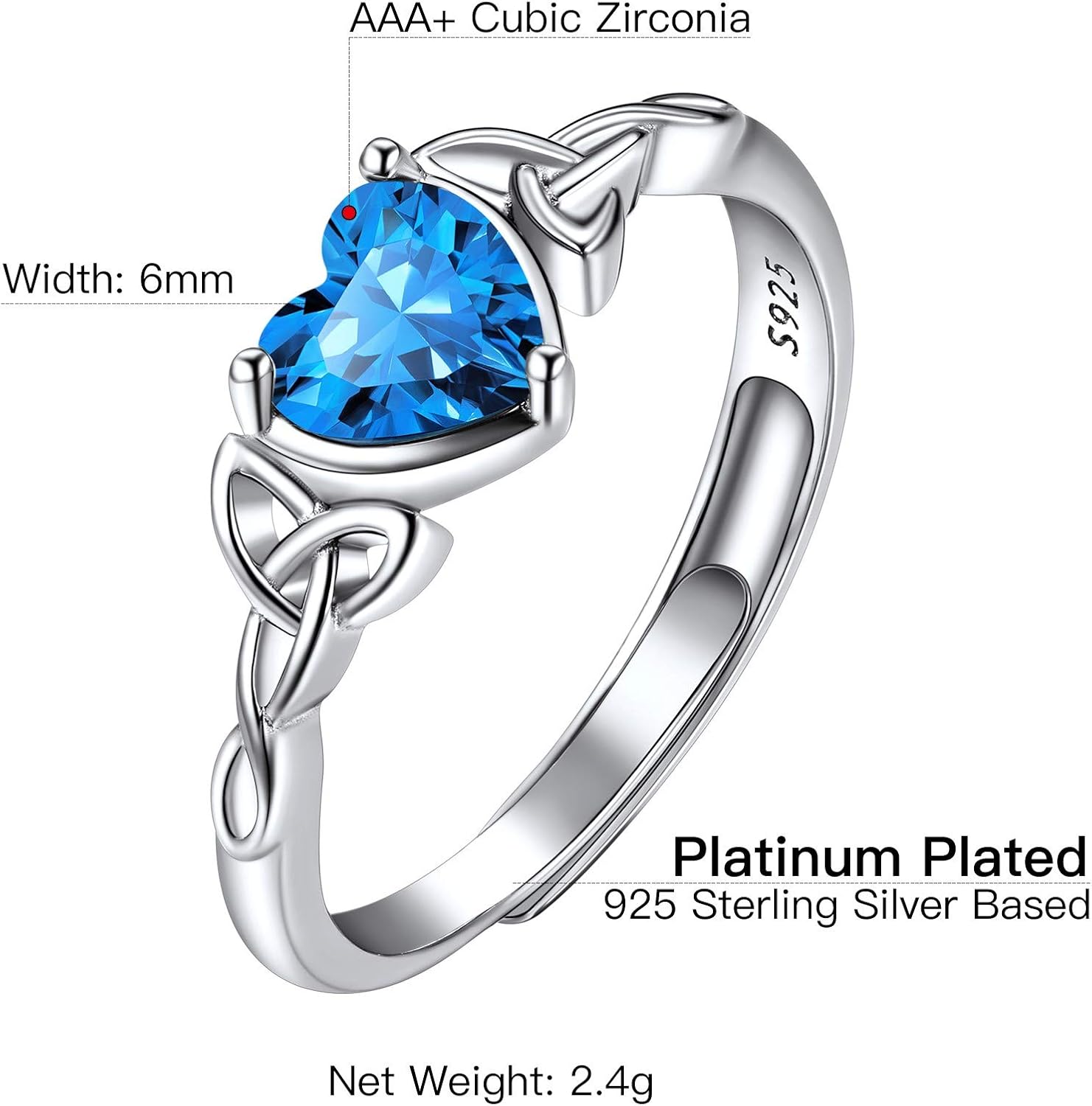 925 Sterling Silver Good Luck Celtic Twisted Knot/Claddagh Heart Birthstone Ring, Thin Delicate Adjustable Promise Engagement Ring Irish Jewelry for Women - Image 7