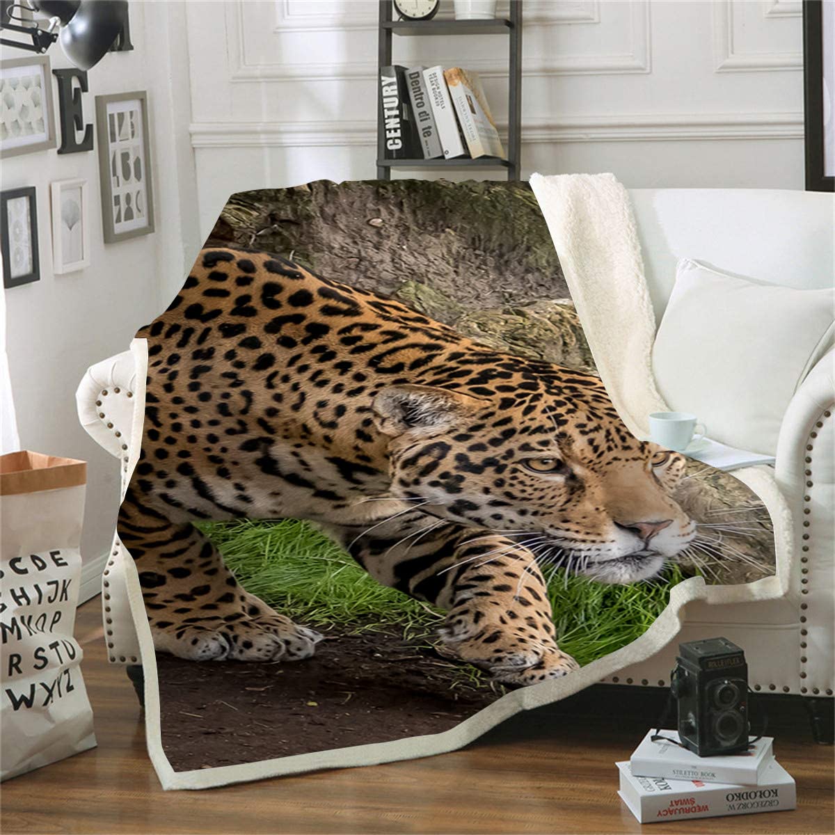 Manta de impresión 3D jaguar para cama y banco de salón