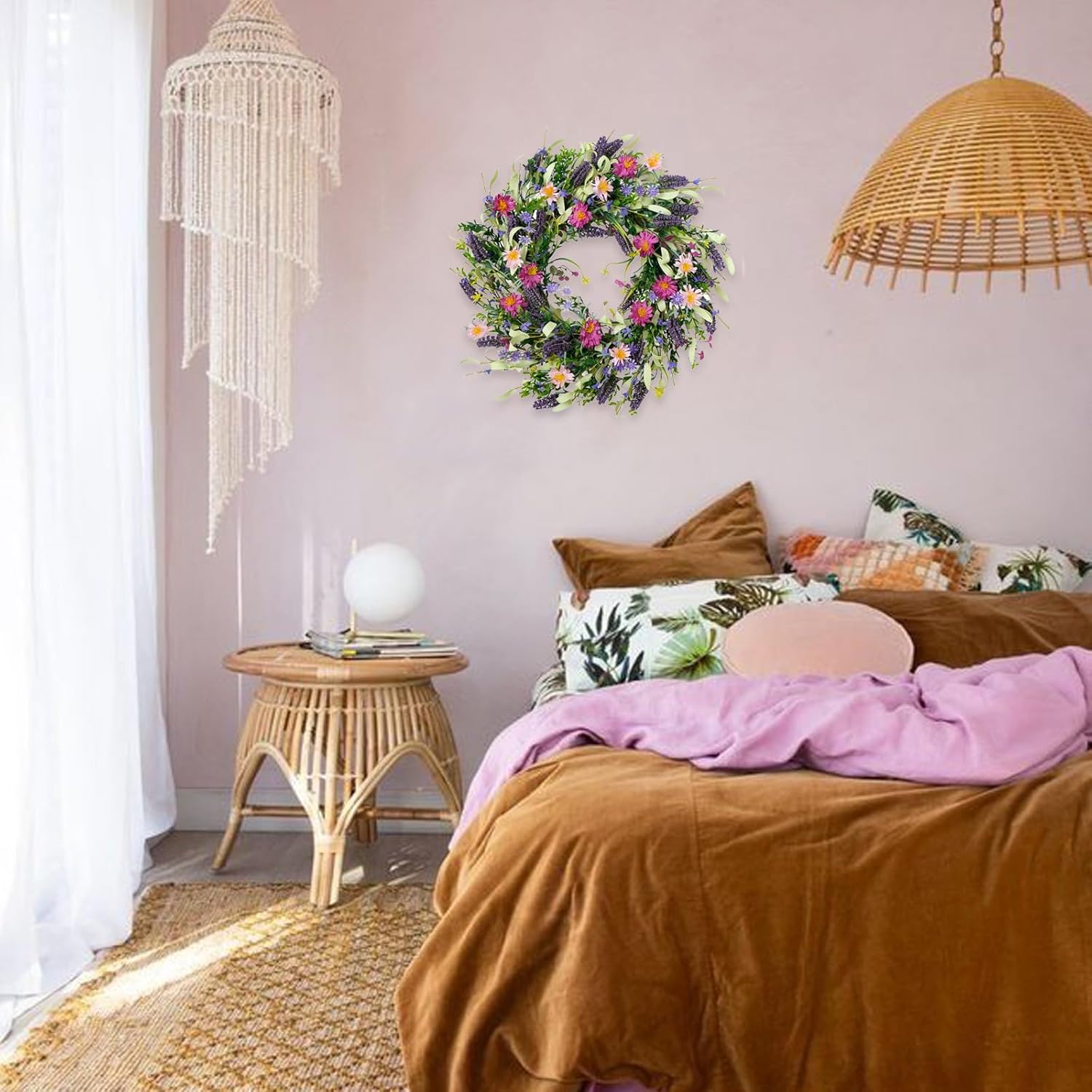 22 Inch Spring Summer Flower Wreaths for Front Door, Artificial Colorful Floral Door Wreaths with Lavender Daisies Green Leaves Farmhouse for Inside Outside Home Window Weeding Decor