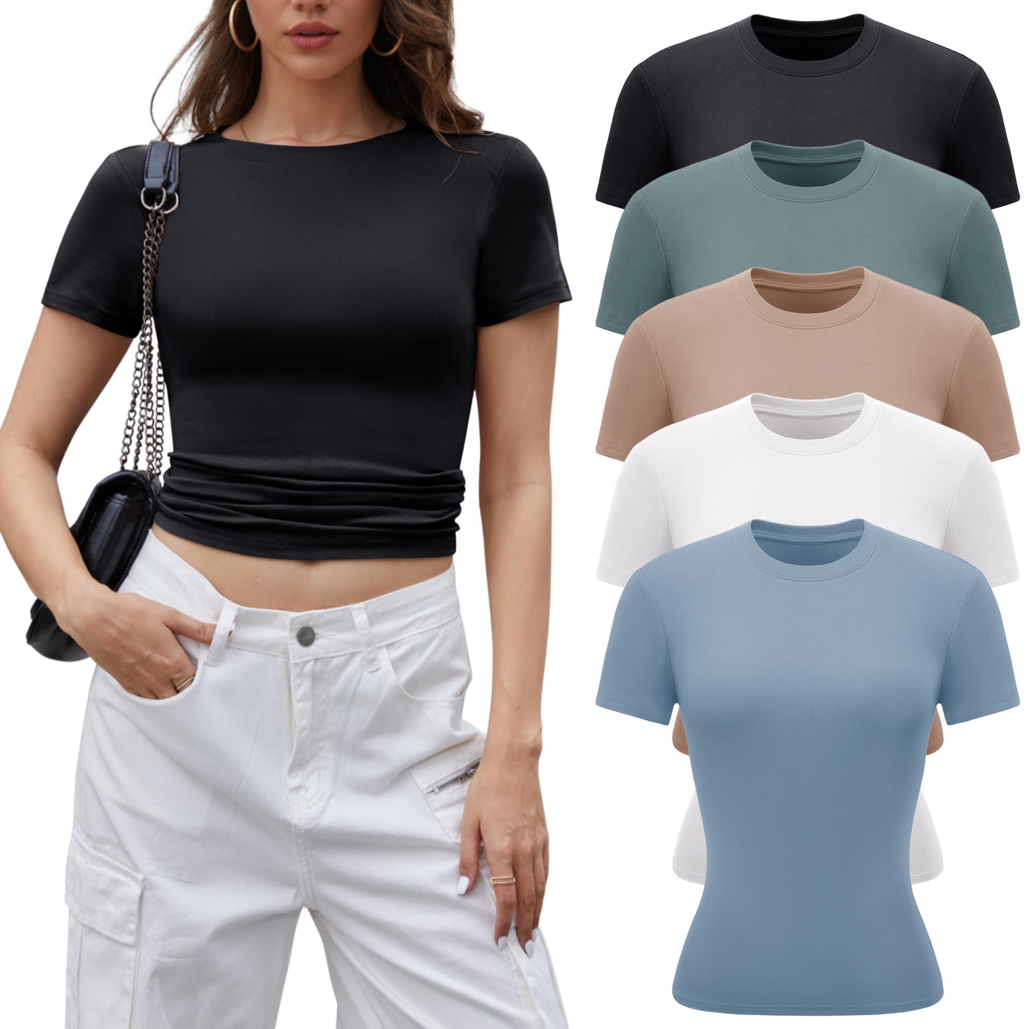 BVNSOZ 3-5 Pack Womens T Shirts Short Sleeve Basic Tops for Women Crew Neck Fitted Tops Fashion Tight Shirts for Women