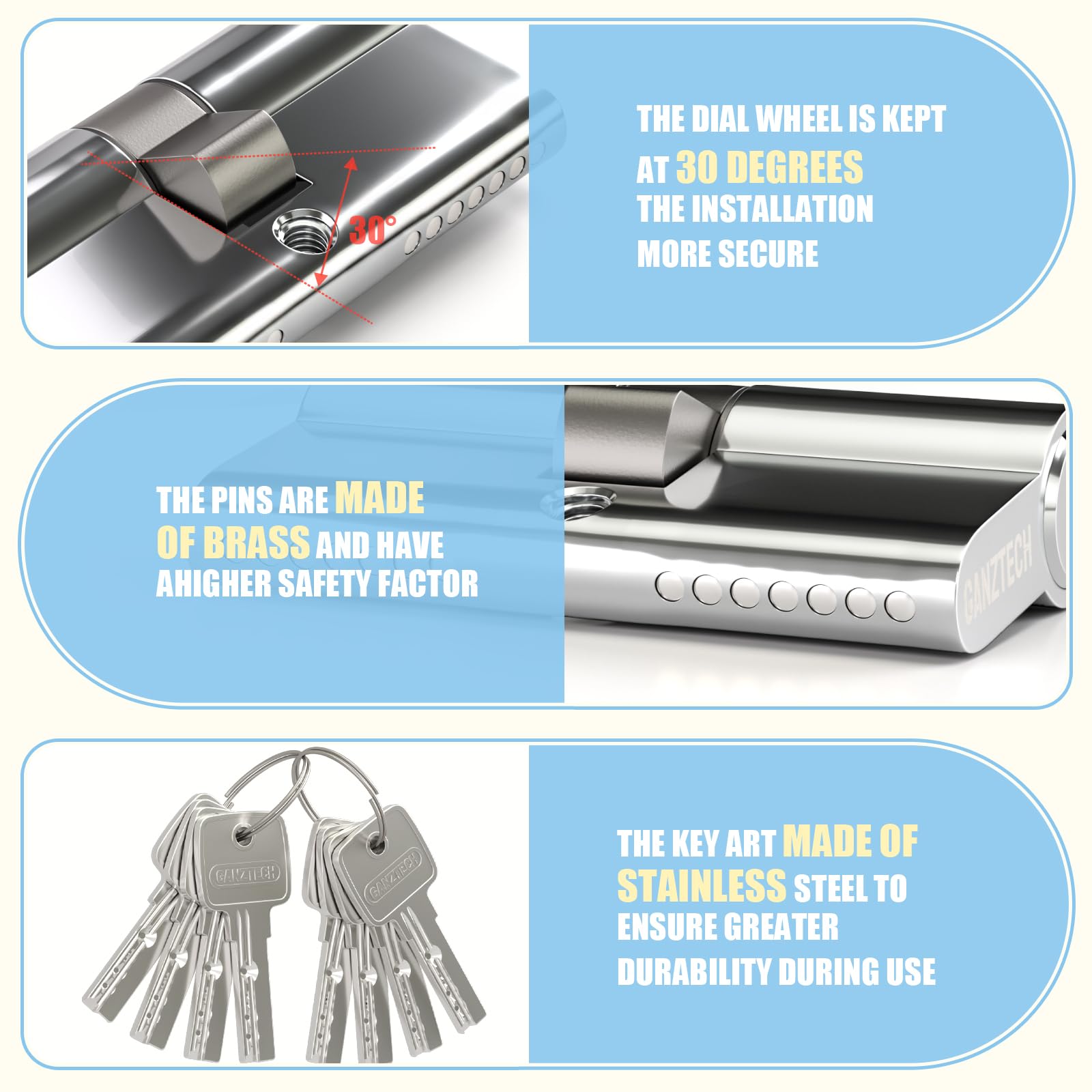 40/40 (80mm), Serratura a botte Cromatura, chiave con 8 chiavi punzonate orizzontali, Serratura a cilindro europeo in Lega di alluminio, Stabile sicuro per porte in legno, composite e UPVC
