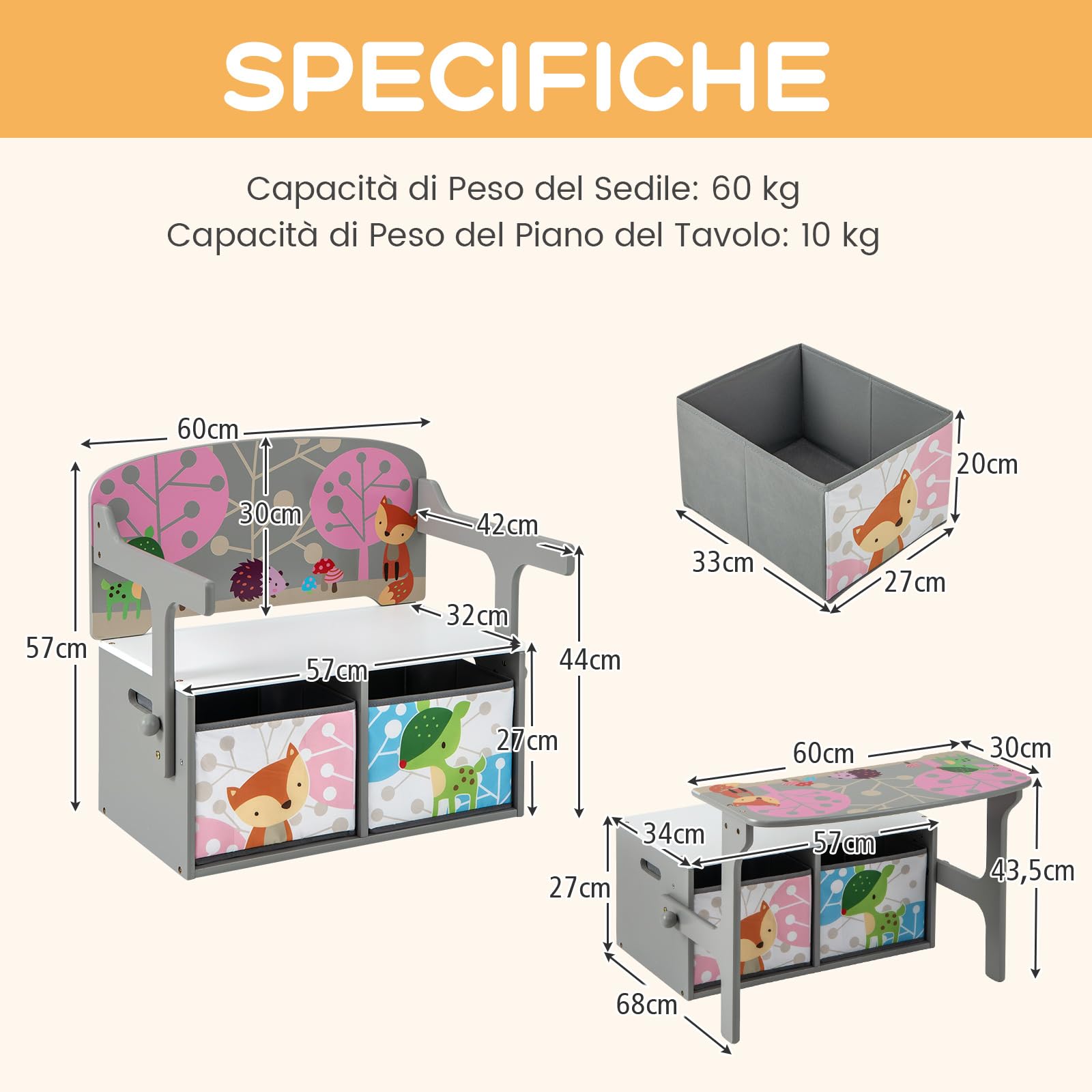 COSTWAY Cassapanca Contenitore 3 in 1 per Bambini Trasformabile in Legno con 2 Cassetti in Tessuto, Tavolo bambini con Sedie Multifunzione, Scatola dei Giocattoli per 3-7 Anni (Grigio)