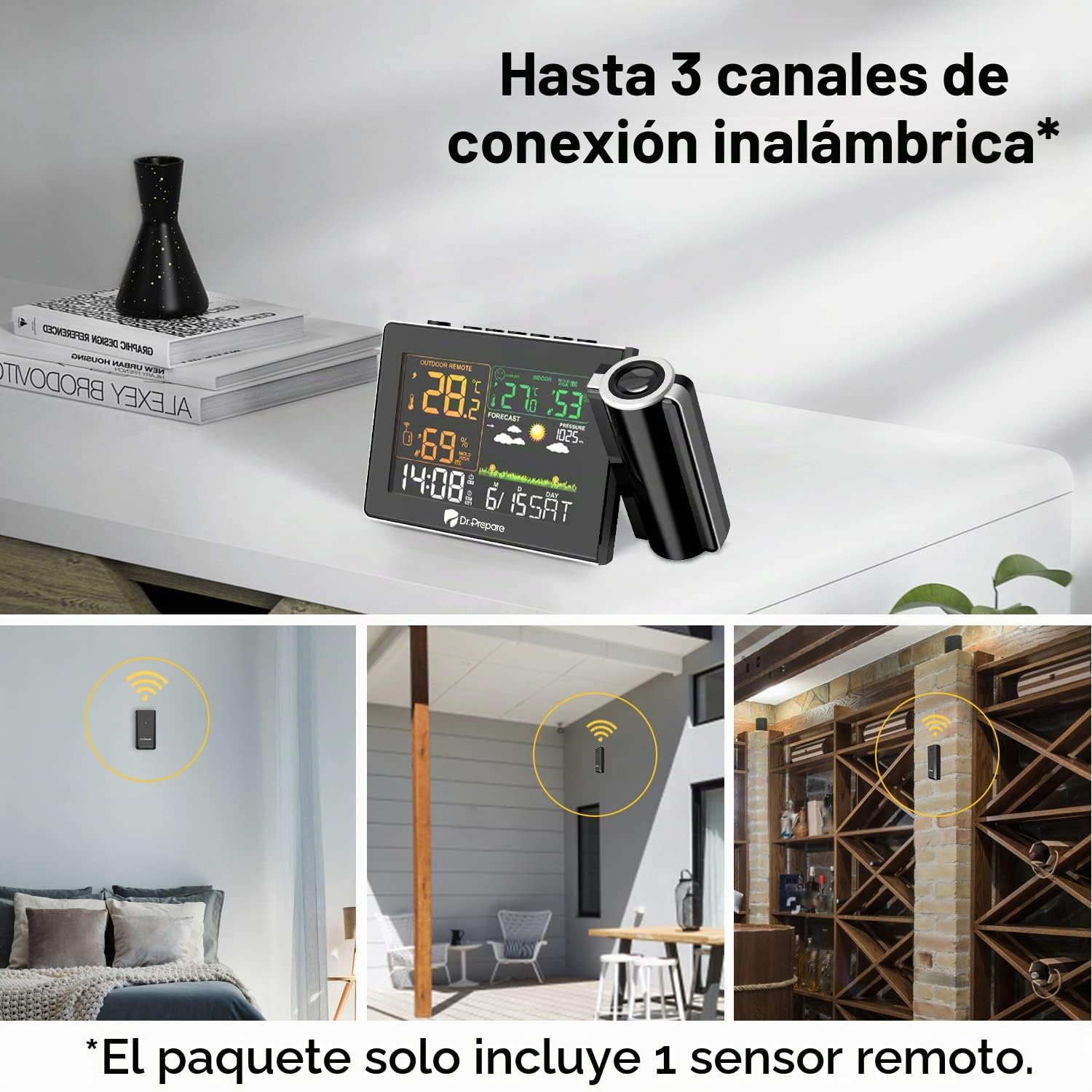 DR.PREPARE Despertador Proyector Techo Estación Meteorológica Reloj Despertador de Proyección con Sensor Externo Enfoque Ajustable Función de Previsión Meteorológica Doble Alarma para Dormitorio
