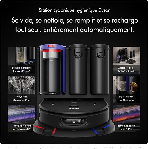 Dyson Spot+Scrub™ AI, aspirateur robot laveur sec et humide, rouleau humide auto-nettoyant, 4× puissance d’aspiration sur tapis, vidage automatique, élimination des taches par IA (Noir/Bleu) - 5