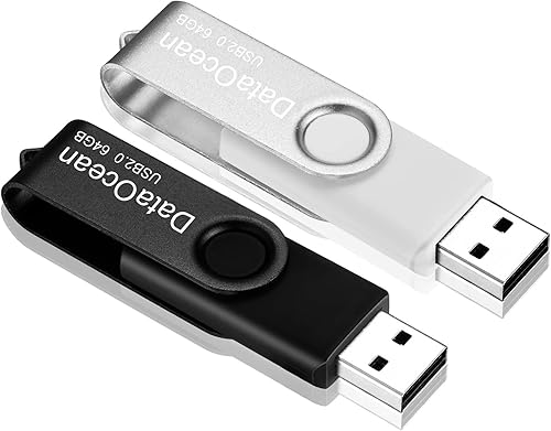 Paquete de 2 unidades de memoria USB 2.0 de 64 GB, diseño giratorio (2 x 64 GB negro plateado)