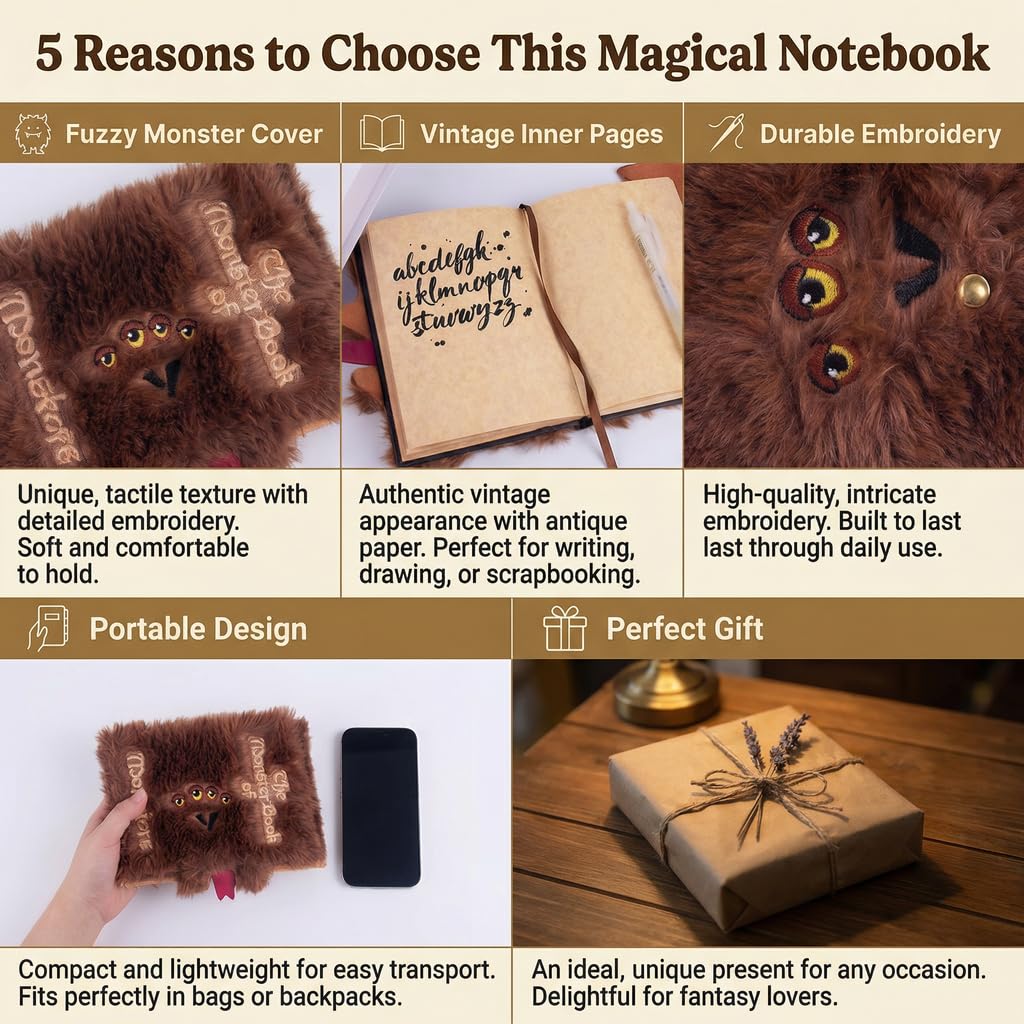 Freddy's Fanatic Monster Book Journal - Furry Cover Notebook with Retro Kraft Paper, Ribbon Bookmark - Magical Gift for Fantasy Fans, Cosplay Prop, Daily Writing & Sketching