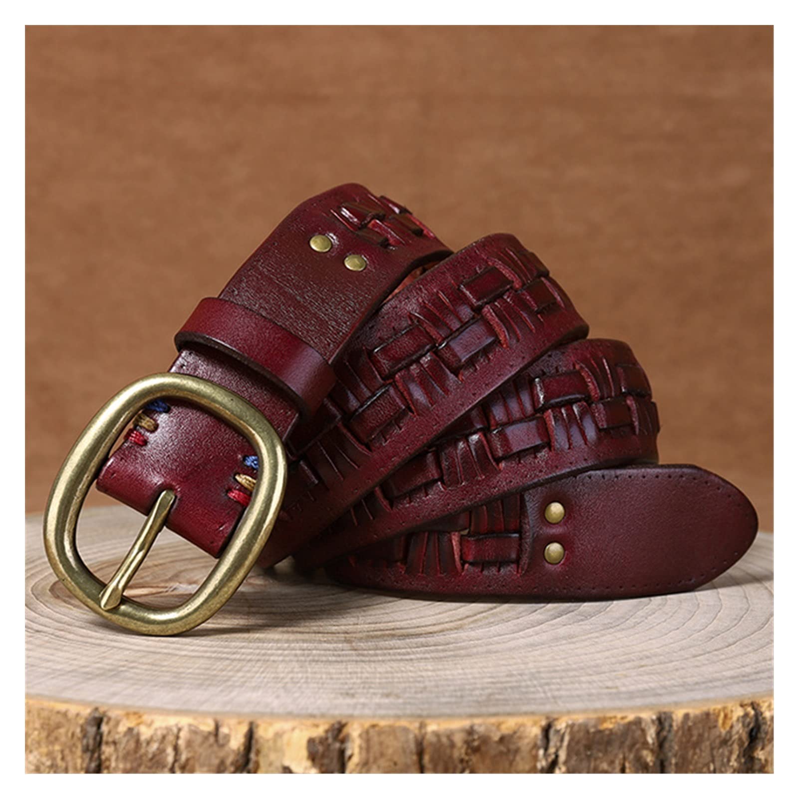 Cinture da Uomo, Cinture in Pelle da Uomo Intrecciate Fatte a Mano in Pelle da Uomo Cowboy Jeans Cowboy Jeans Cinturino Casual (Color : Red Brown with Box, Size : Length 105cm)