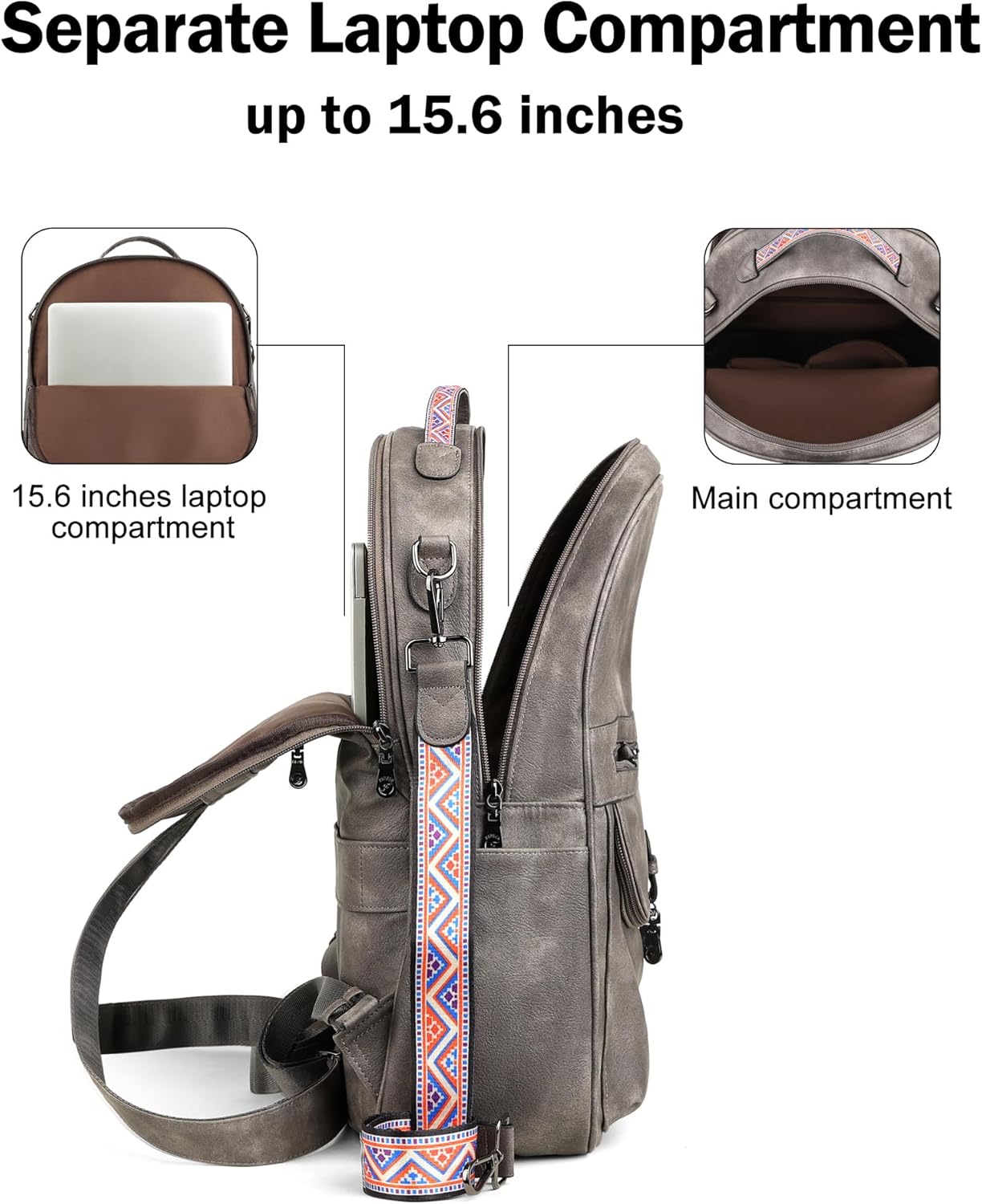 FADEON Leather Laptop Backpack Purse for Women, Designer Travel PU Backpack with Laptop Compartment for Work Grey