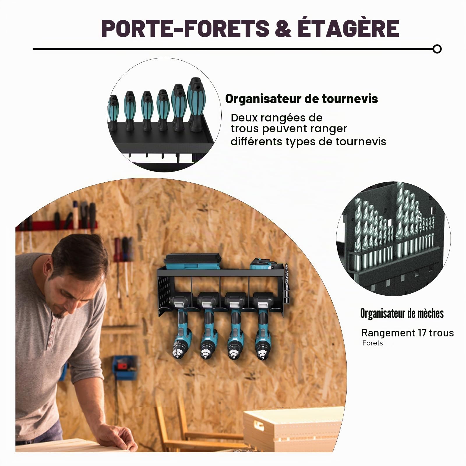 Rangement pour outils-Support mural - Perceuse à percussion - 4 emplacements - Pour perceuse électrique - Montage mural - Étagère de rangement - Tournevis - Organisateur d'outils