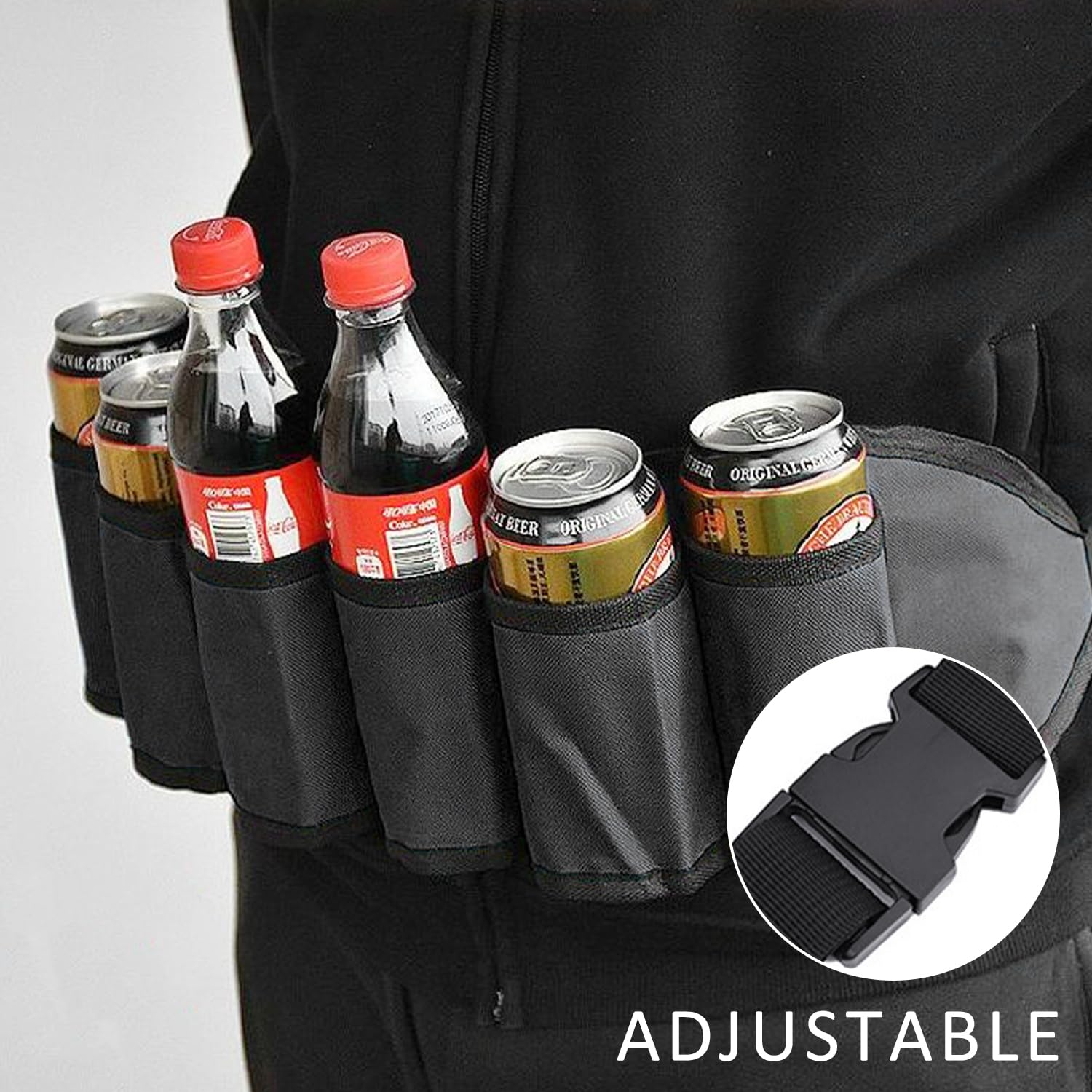 GVSAVY 1pcs six-compartment fanny pack, 3pcs closure tabs, beer belt, can hold 6 cans of beer and drinks, portable drinking fountain, suitable for camping, hiking (black) - Image 3