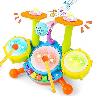 deAO Babytrommel, Perkutionsset für Anfänger, mit 3 Akkus und Mikrofon, 18 Liedern, 2 Stäben, Sound- und Lichteffekten für Kinder, Instrument