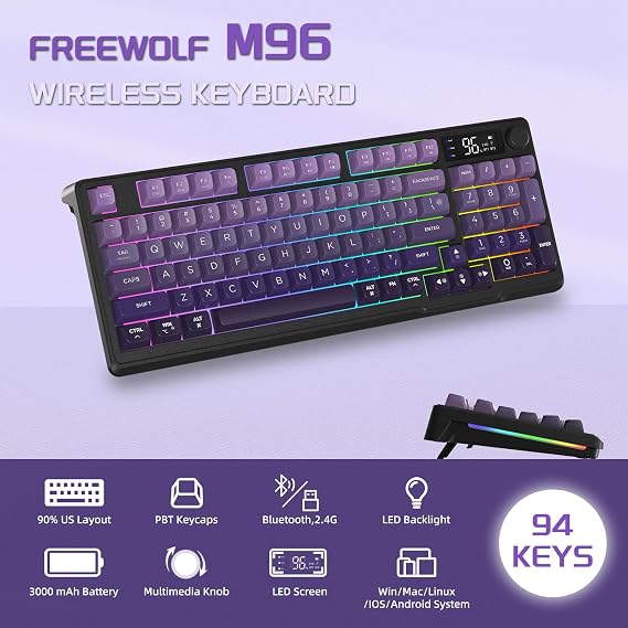 FREEWOLF M96 Wireless Gaming Membrane keyboard, Knob Control BT/2.4G Wireless, Mechanical Feeling, RGB LED Backlit with Display Screen, PBT Keycap, 3000mAh, US Layout for Win/Mac - Purple Gradient