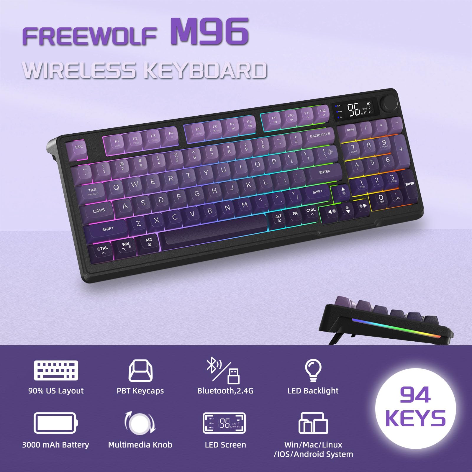 FREEWOLF M96 Tastiera Da Gioco Wireless, Controllo Tramite Manopola Bluetooth/Tastiera Meccanica Wireless 2.4G, Retroilluminazione a LED con Schermo, Copritasto PBT, 3000mAh, QWERTY - Sfumatura Viola