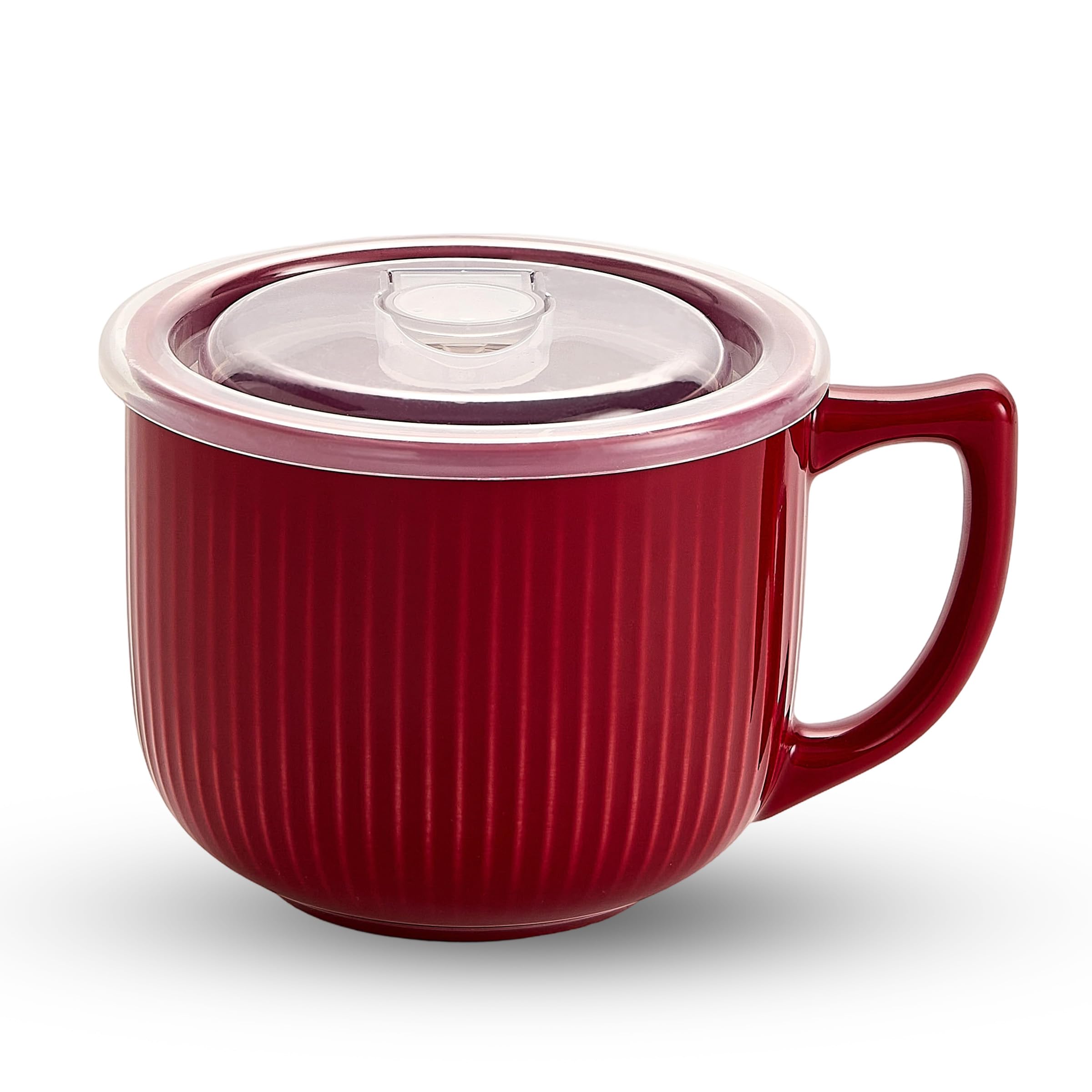 Ceramic Soup Bowl with Handle &amp; Lid, 32oz Microwave Ramen Bowl Burgundy Red