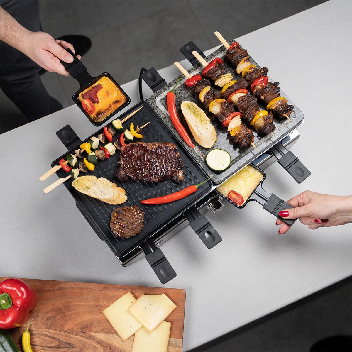 Yoer Racletto ERG04S, Elektryczny Grill Raclette 4w1, 1400W, 8porcji, zestaw, 3 sposoby grillowania, 5 poziomów temperatury, granitowa płyta, termostat,