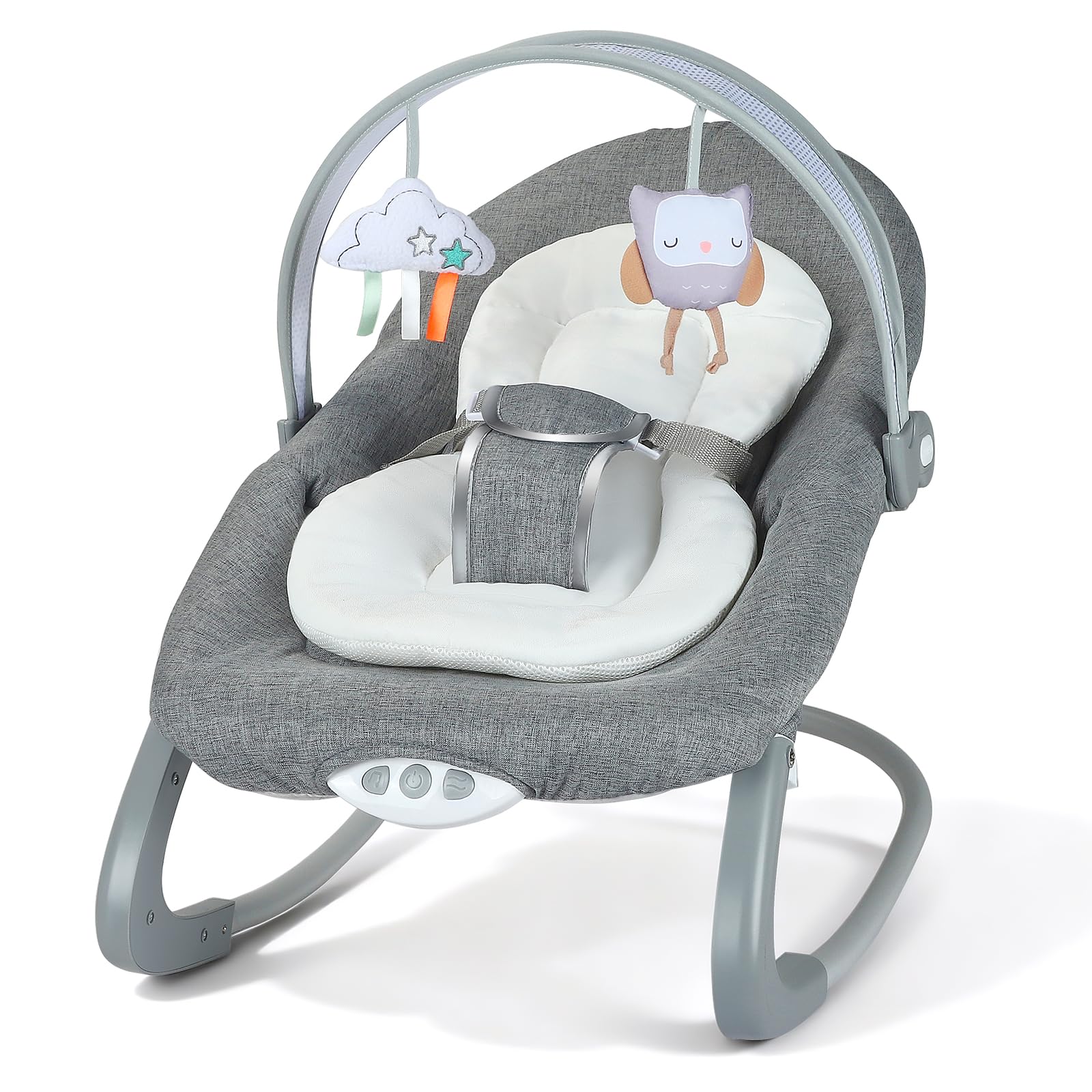JoyCushy Baby Bouncer, Baby Bouncer from Birth Baby Rocker Infant Seat with Soothing Vibrations, Baby Swing Chair with 3-Point Harness & Removable Play Bar & Music, for 0-6 Months