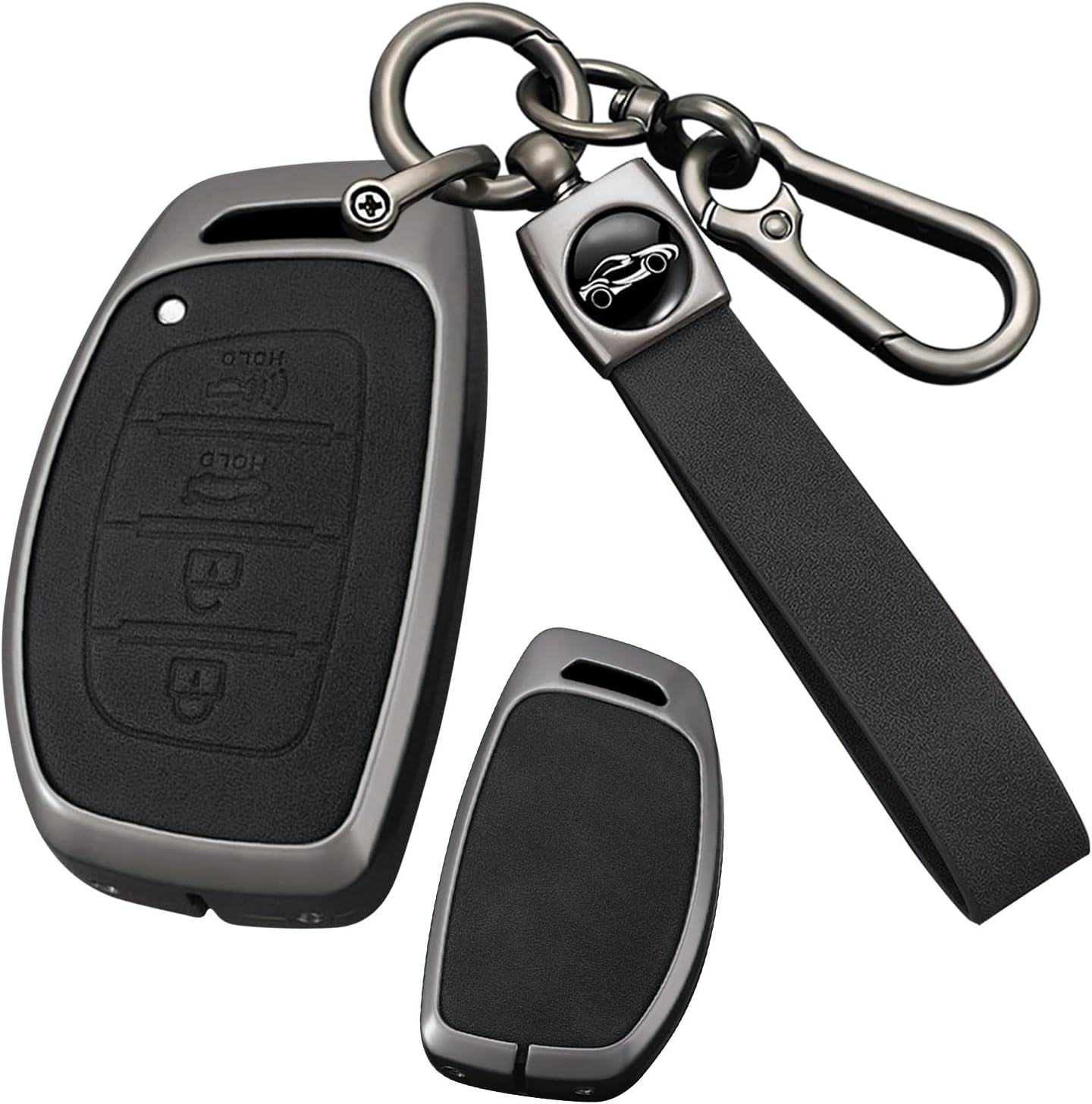 ontto Metal and Leather Key Fob Skin with Keychain Fit for Hyundai Sonata Elantra IX35 i10 i20 i40 Tucson Ioniq 2018 2019 Smart Remote Key Case Solid Key Protector,Black