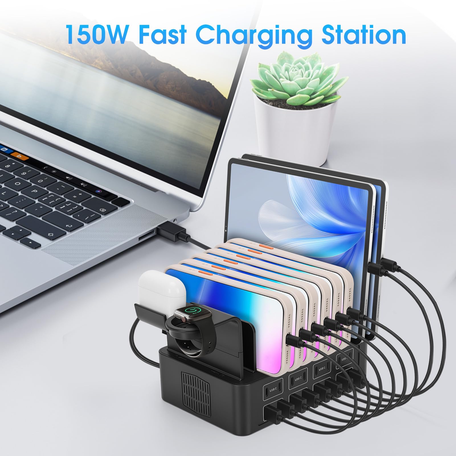 Stazione di Ricarica da 150W, 16 Porte Caricatore USB con 8 Cavi corti e Regolabile supporto, 2-in-1 Rapida caricabatterie da scrivania per smartwatch, smartphone, tablet, MP3
