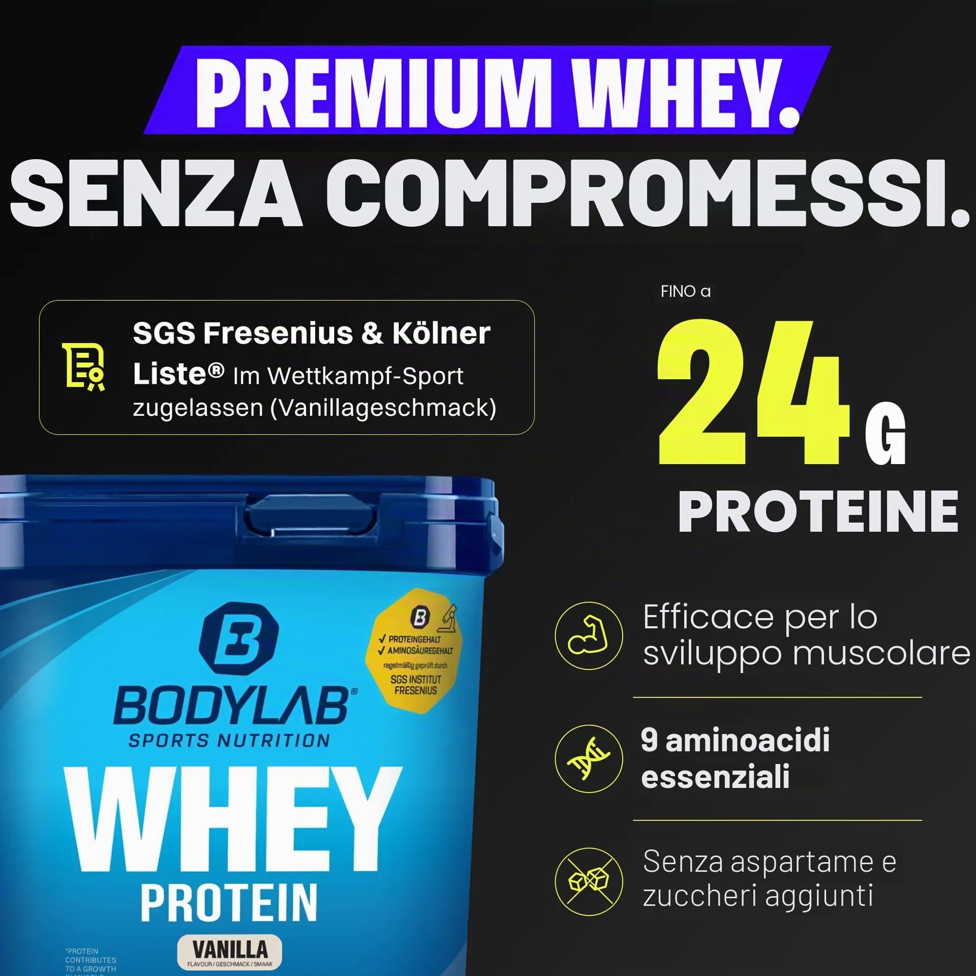 Bodylab24 Whey Protein Powder Doppio cioccolato 2kg, proteine per muscoli più forti, whey può promuovere la costruzione dei muscoli, con 80% di proteine, senza aspartamee