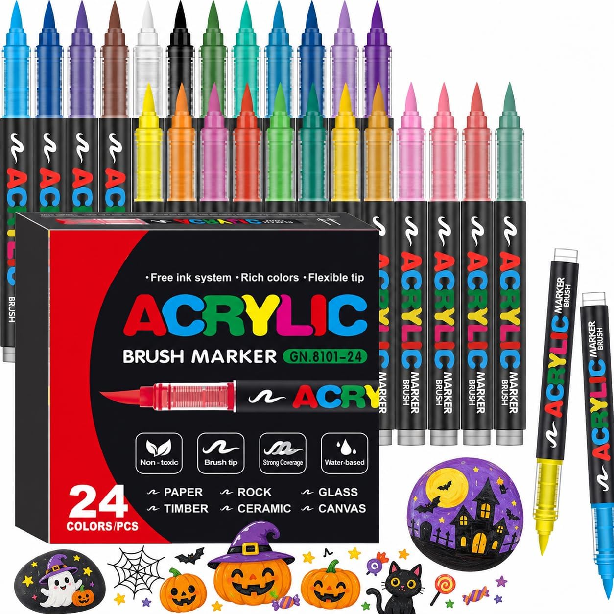 24 Colors Soft Brush Tip Acrylic Markers Set, Paint Pens for Rock, Wood, Fabric, Canvas, Glass, DIY Crafts, Waterproof Paint Markers, Vibrant Acrylic Pens for Artists and Art Projects