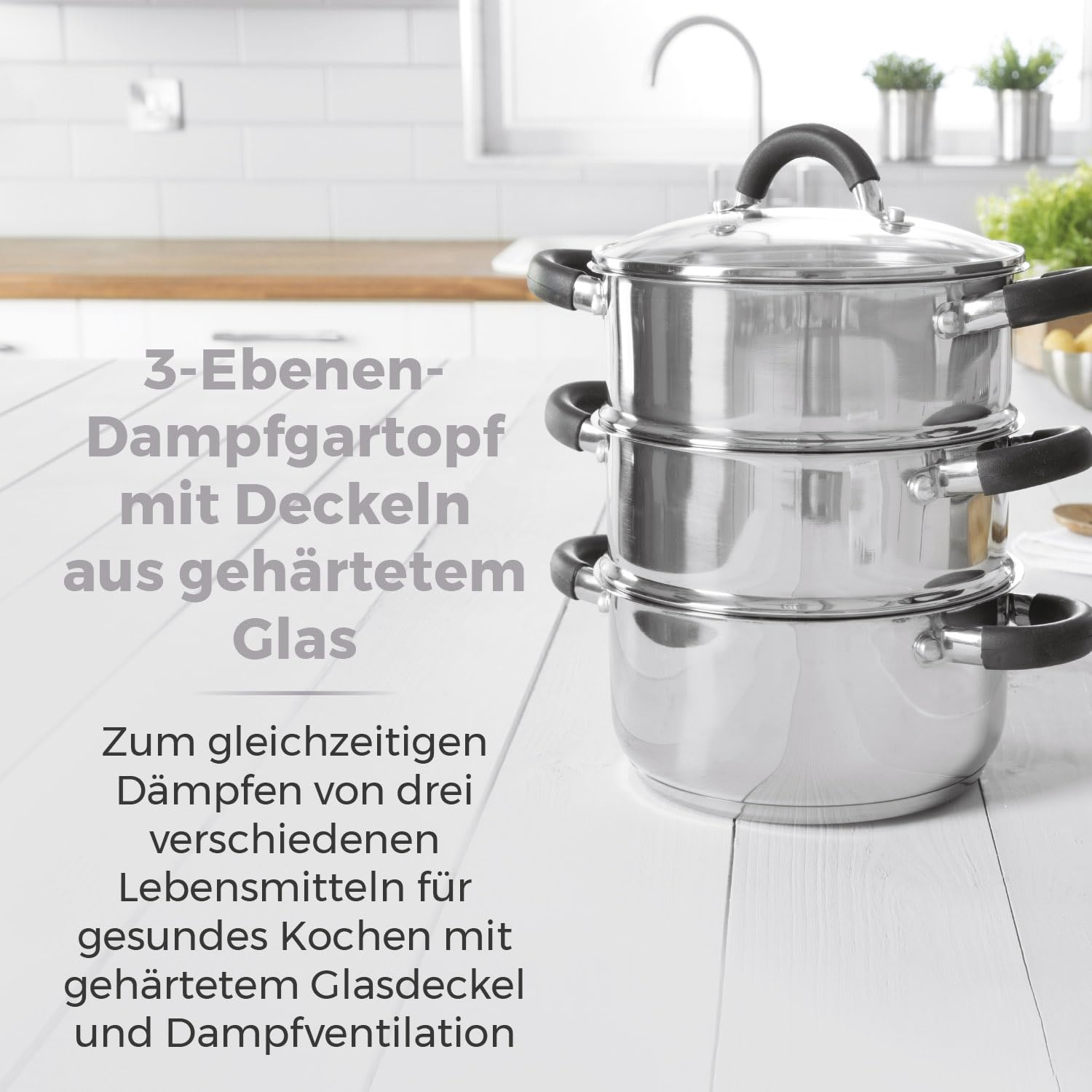 Tower T80836 Essentials Dampftopf Induktion - Dampfgarer Topf 3-Lagig mit Glasdeckel und Silikongriffen - Kartoffeldämpfer Dampfgarer Edelstahl mit Polierter Hochglanzoberfläche 18 cm - Silber