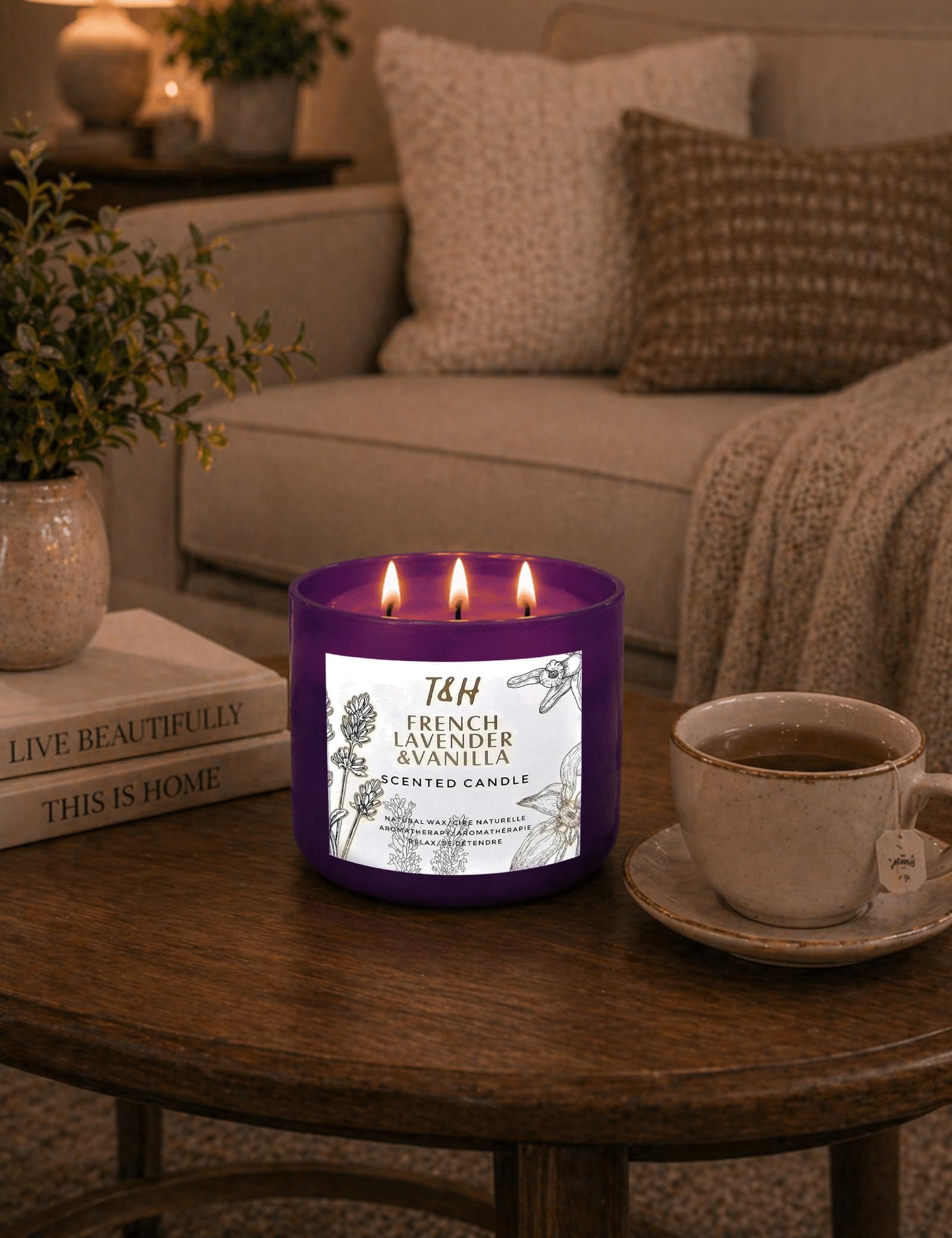 Französische Lavendel-Vanille-Duftkerzen, Aromatherapie-Geschenke für Frauen, 450 ml, Soja-Kerze, lang anhaltende Duftkerzen für Zuhause, Stressabbau-Kerzen, 3 Docht, Büro-Geschenke für Frauen