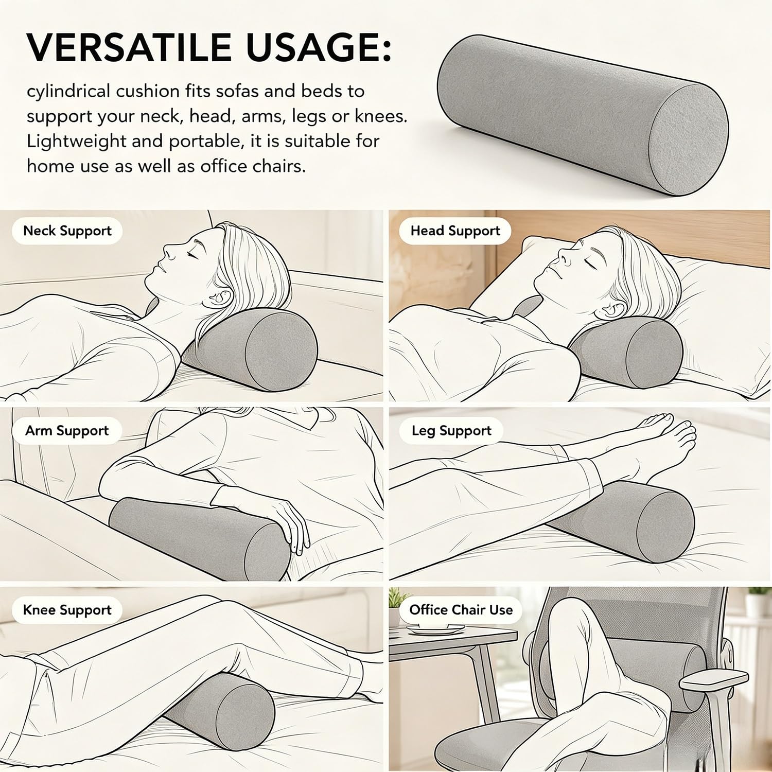 Almohada Cilíndrica Tubo Lavable 40/70cm Resistente a Las Salpicaduras