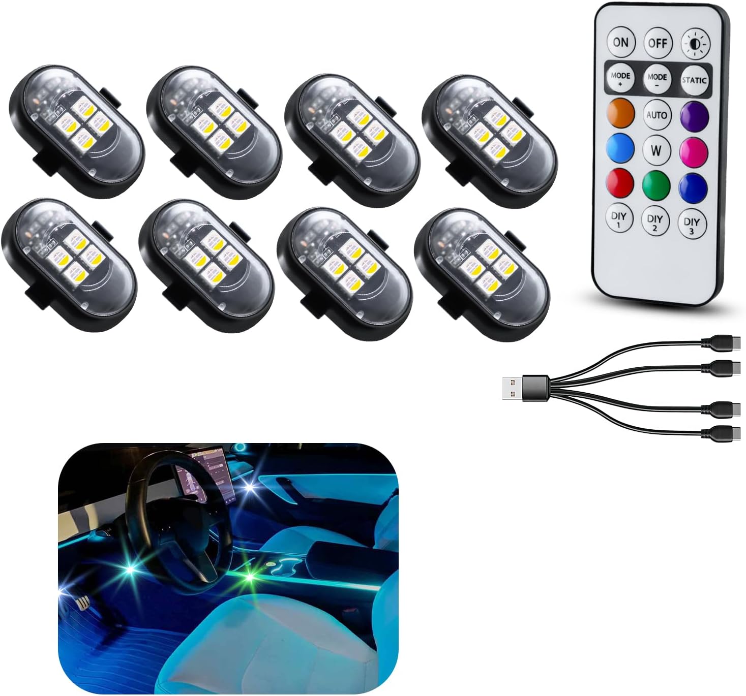 Upgraded 8PCS Wireless LED Lights for car with Remote, Rechargeable Waterproof 8-Color Interior Car Light, Mini LED Strobe Lights for Vehicle Drone Motorcycle Bike