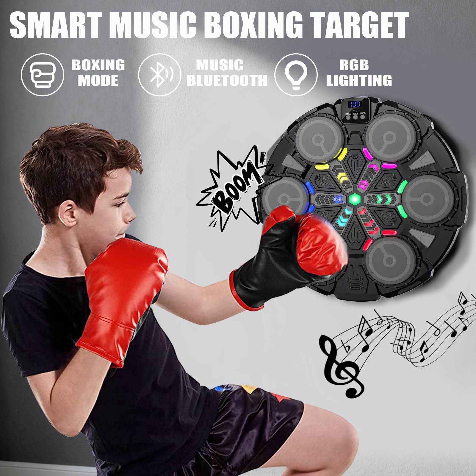 Macchina da boxe musicale, gioco intelligente da parete Bluetooth con guantoni da boxe, velocità e modalità di conteggio regolabili, attrezzatura da palestra per bambini, macchina da boxe per