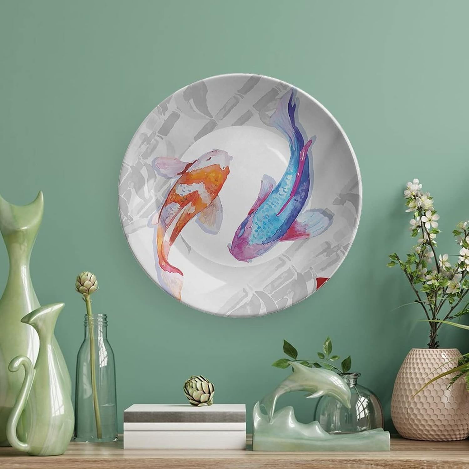XISUNYA 6 Inch Decorative Plate, Koi Fish Ceramic Stoneware, Watercolor Style Koi Fish Couple Design Print Ceramic Wall Hanging for Home Office Party Dinner Table Decor