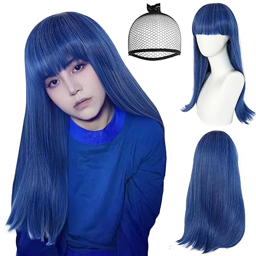ANOGOL Gorro de pelo + peluca azul púrpura aburrida peluca larga recta azul oscuro con flequillo, peluca sintética azul para niñas y mujeres,