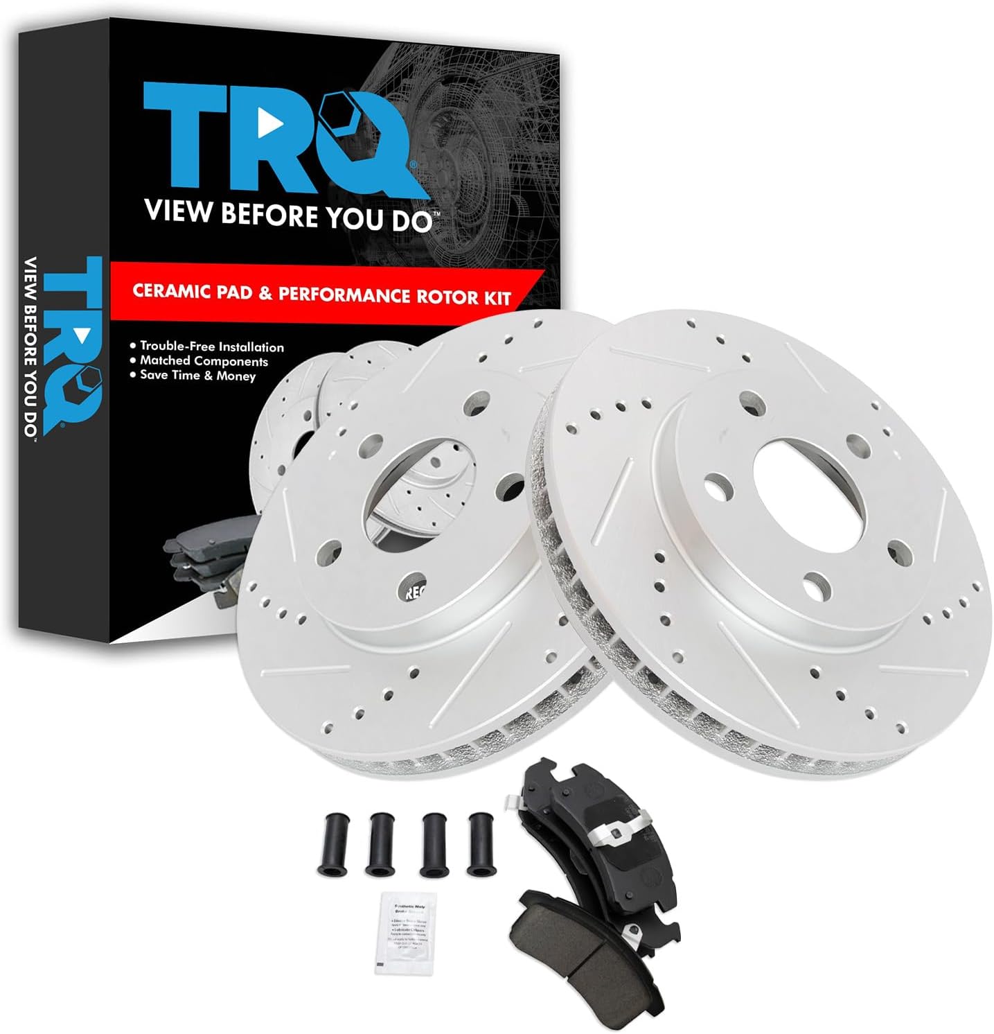 TRQ Front Performance Brake Pad & Rotor Kit Brake Pads Brake Rotors Set Ceramic Premium G-Coated Compatible with 1996-1999 Buick LeSabre 1998-1999 Oldsmobile 88 Pontiac Bonneville