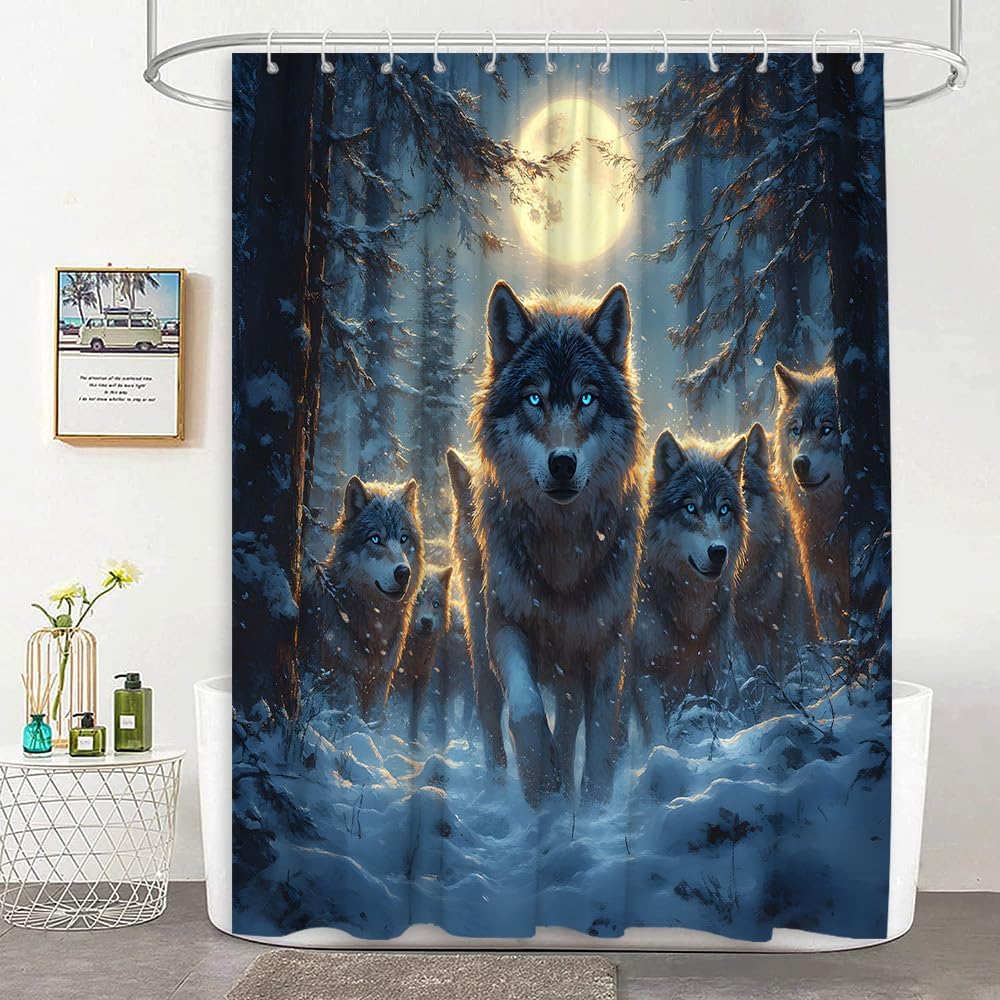 Wolf Shower Curtain Country Rustic Forest Wild Animals Powerful Wildlife Boys Men Teens Fabric Bathroom Decor Curtain with Hooks, 70Wx78H