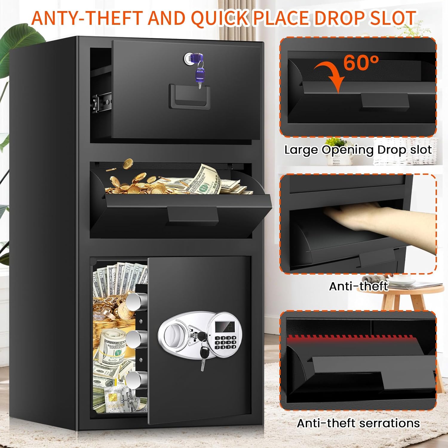 5.8 Cuft Large Depository Drop Safe for Business with drawer, Anti-Theft Safe Box with Quick Place Drop Slot, Digital Keypad and Spare Key, Heavy Duty Drop Safes for Business Retail Mail Church Home