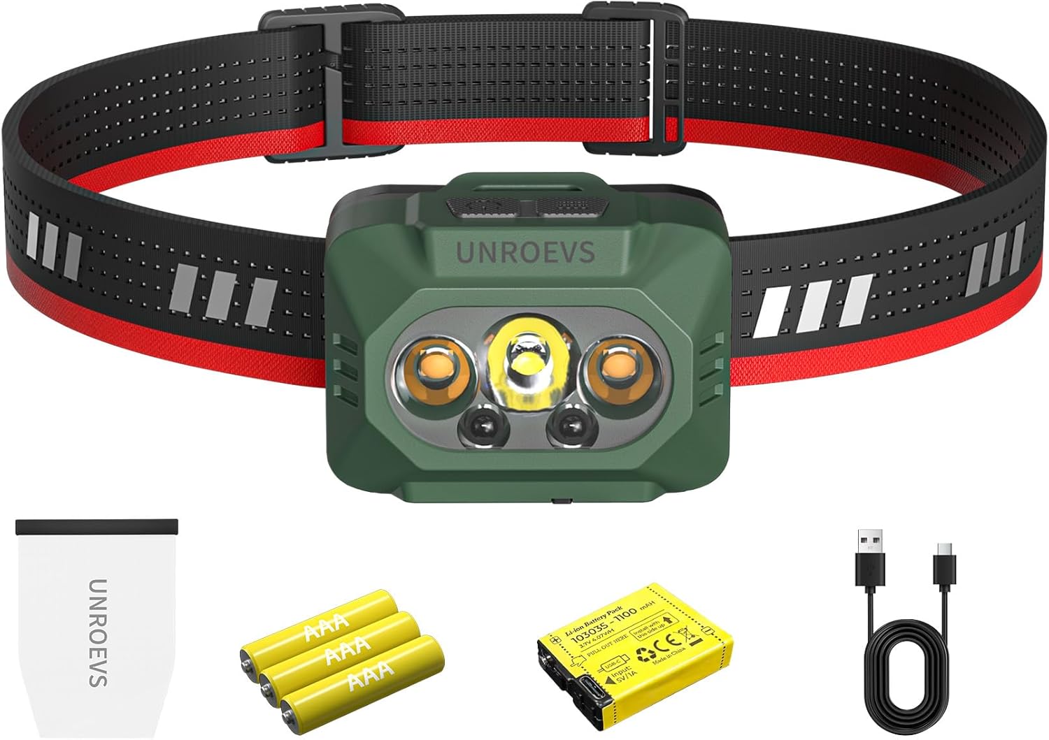 UNROEVS LED Headlamp Rechargeable for Adults,Outdoor Camping Head Lamp with Motion Sensor,Lightweight Battery Powered Head Lights with 5 Modes for Hiking,Running,Fishing,Cycling.