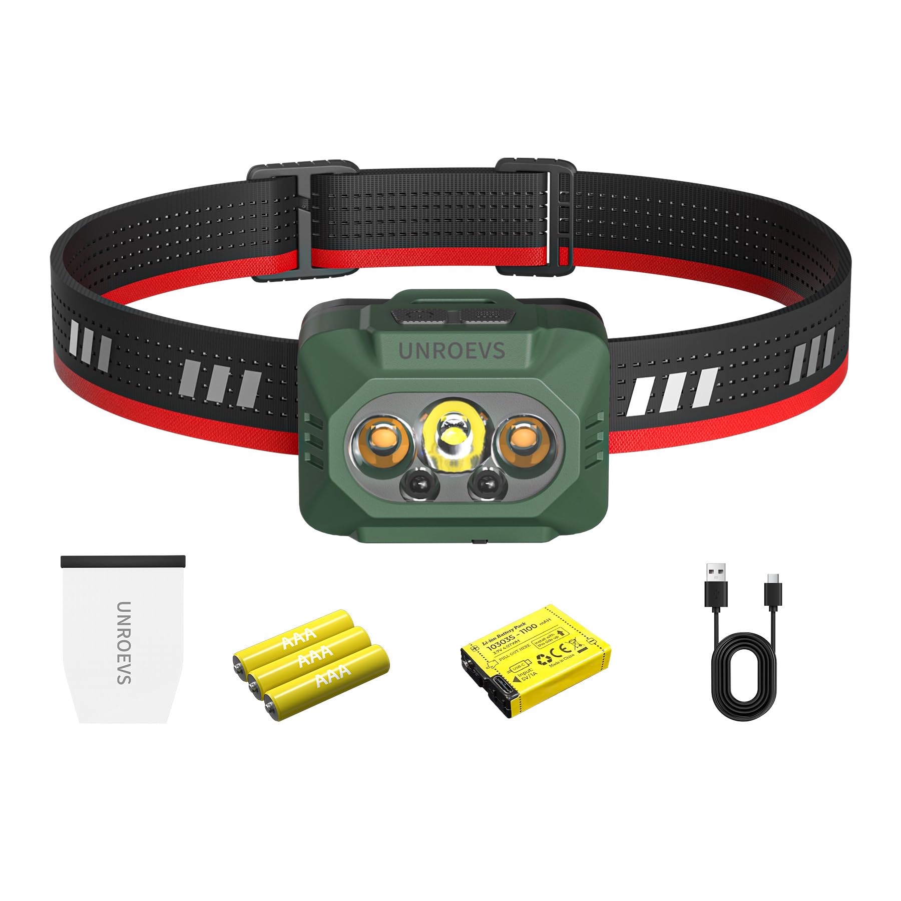 UNROEVS Wiederaufladbare LED-Stirnlampe für Erwachsene, Outdoor-Camping-Stirnlampe mit Bewegungssensor, leichte, batteriebetriebene Stirnlampe mit 5 Modi zum Wandern, Laufen, Angeln, Radfahren