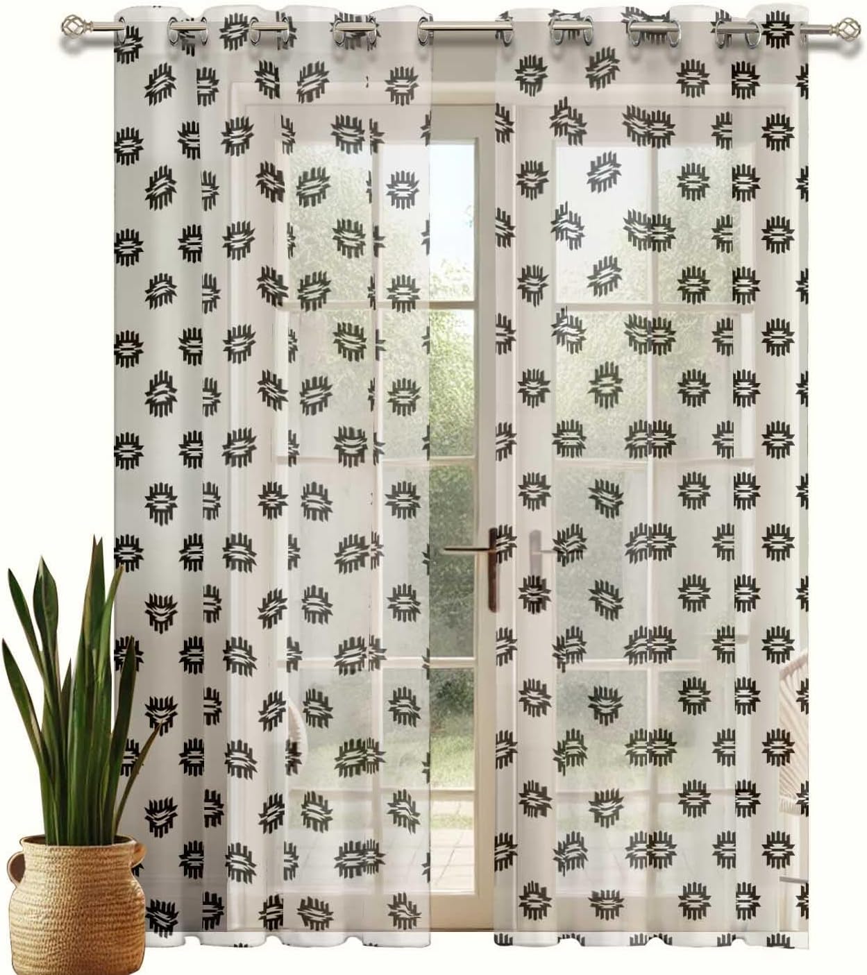 Geometric Print Sheer Curtains for Short Windows – Set of 2 Panels, 63" Length, Grommet Top, Printed Georgette, Light Filtering Drapes for Kitchen or Bedroom