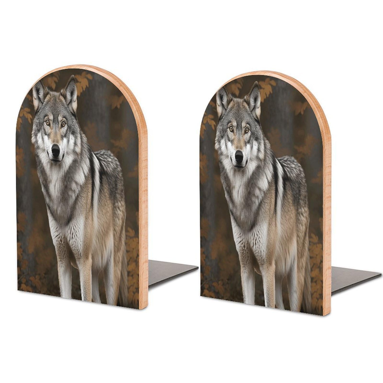 Sujetalibros de madera resistente con grabado de lobo salvaje decorativo