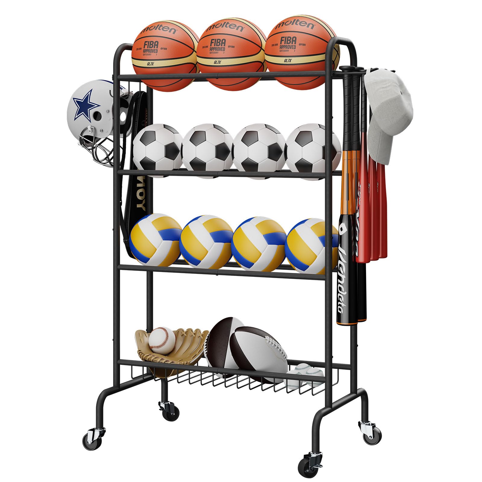 Snapklik.com : IBUYKE Basketball Rack, 4-Layers Rolling Ball Storage Rack