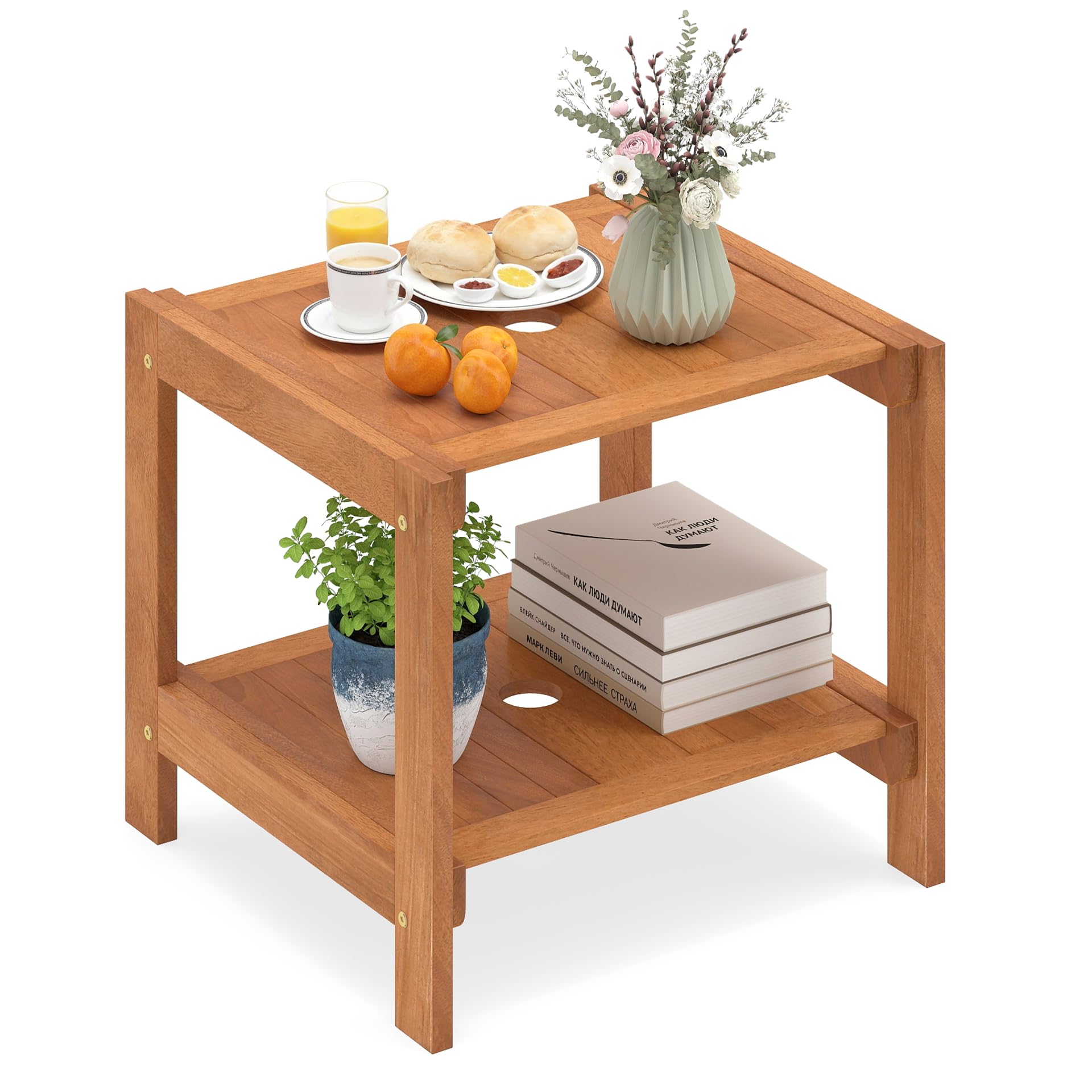 COSTWAY Tavolino da Esterno con Foro per Ombrellone 4 cm, Tavolo da Balcone in Legno Massello, a 2 Ripiani, Salvasapzio, per Giardino, Terrazzo, Cortile, Portata 40 kg, 51 x 48 x 45 cm