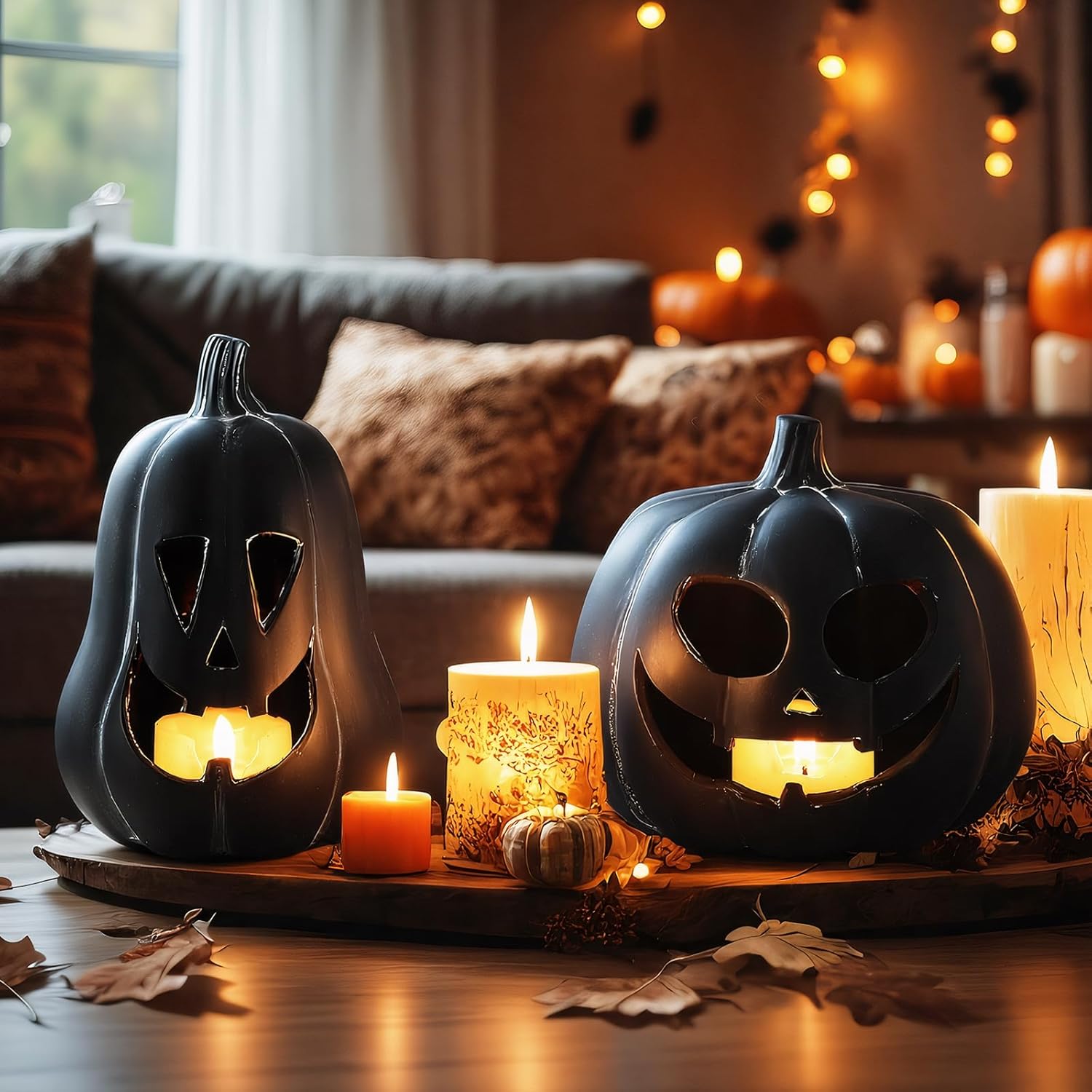 Tioncy 2 Pack Terracotta Pumpkin Decoration Handmade Brown Clay Pumpkin Jack-o-Lantern Halloween Tealight Holder Rustic Farmhouse Fall Home Decor for Table Porch Mantel Indoor Centerpieces (Black)