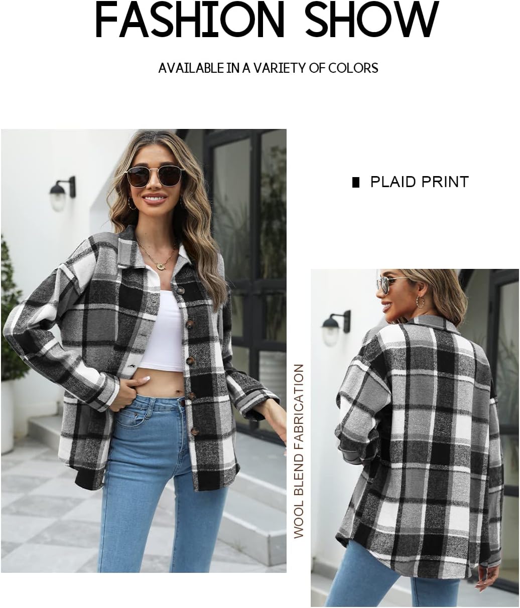 Beaully Women's Flannel Plaid Shacket Fall Winter Outfits Long Sleeve Button Down Shirts Jacket Coats with Side Pockets - Image 4