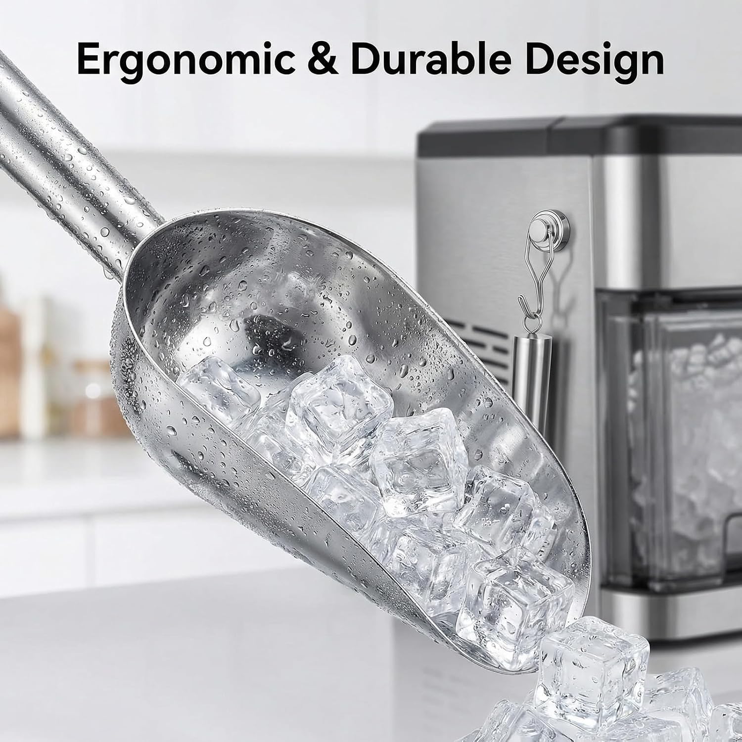 8 Oz Stainless Steel Ice Scoop with Metal Magnetic Hook, Multipurpose Kitchen Scooper for Ice Cubes, Pet Food, Dry Goods, Easy-Hang Design (Silver)