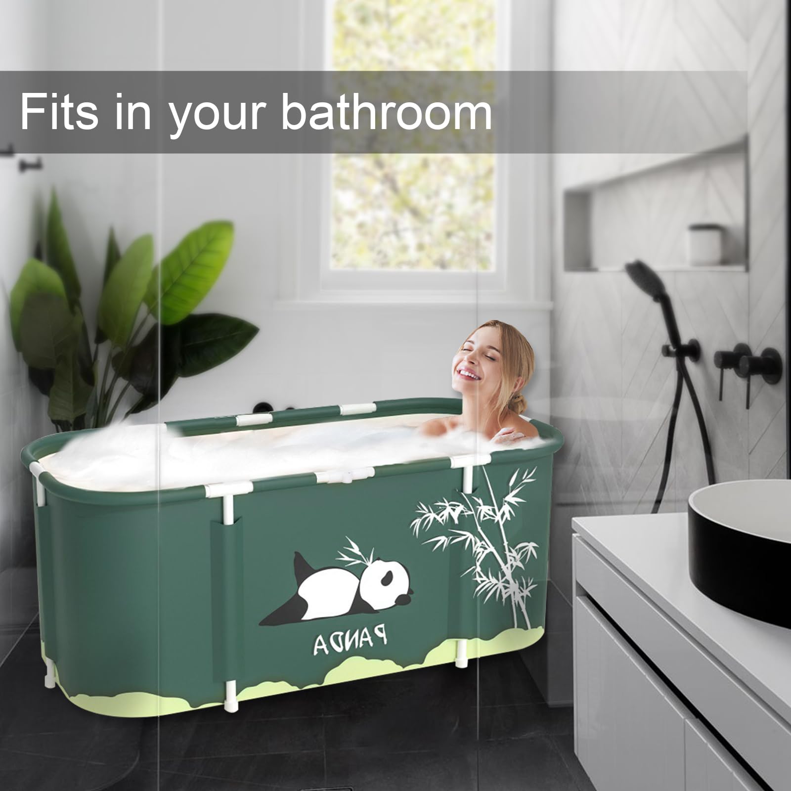 Baignoire Pliable 115x60x55cm, Baignoires Portable Pliage pratique, Pliante SPA Baignoire pour Petite Salle de Bain, Trempage Autoportante Enfant Adulte (Style panda)