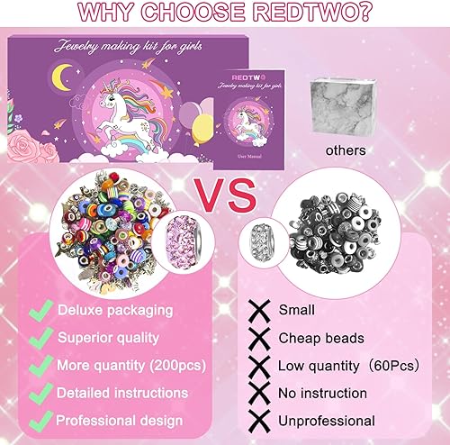 Vista 5 de Redtwo Kit de 200 pulseras con dijes, suministros de fabricación de joyas de amistad, unicorniosirenaregalos de cumpleaños, juguetes