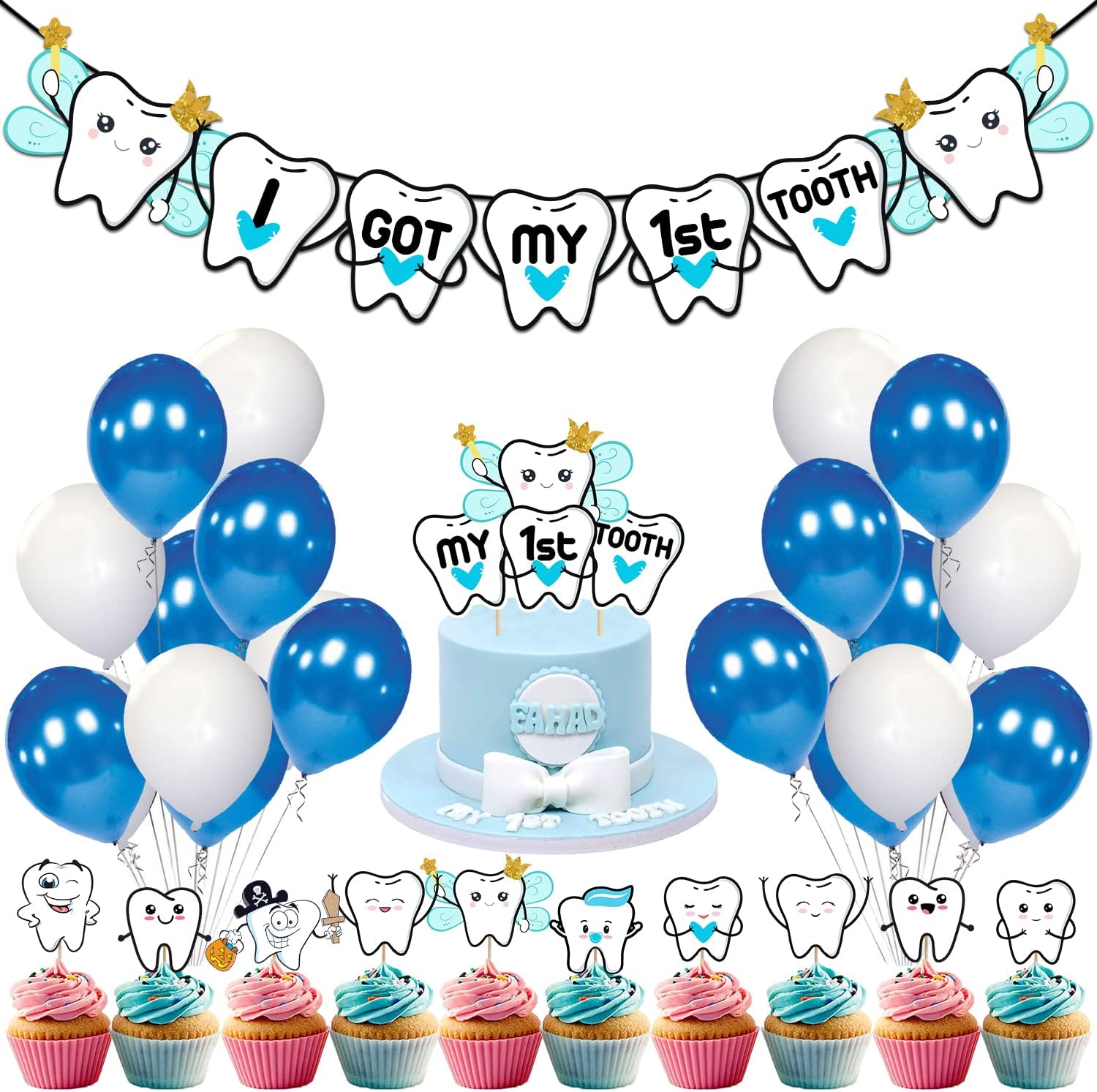 37 Pcs -I Got My First Tooth Decoration/First Tooth Decoration/First Tooth Decoration Items for Baby/My First Tooth Decoration/-Colour Blue