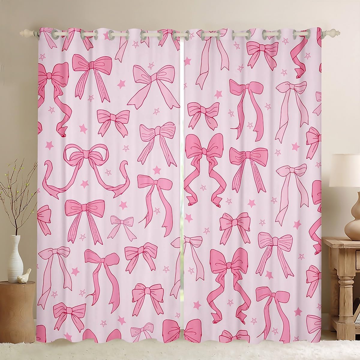 Feelyou Bow Star Print Darkening Dreapes (2 Panels, 42 x 63 Inch) Cute Bowknot Curtains for Bedroom Living Room Kids Boys Girls Decor Girls Bow Blackout Curtains Pink Bow Window Treatments