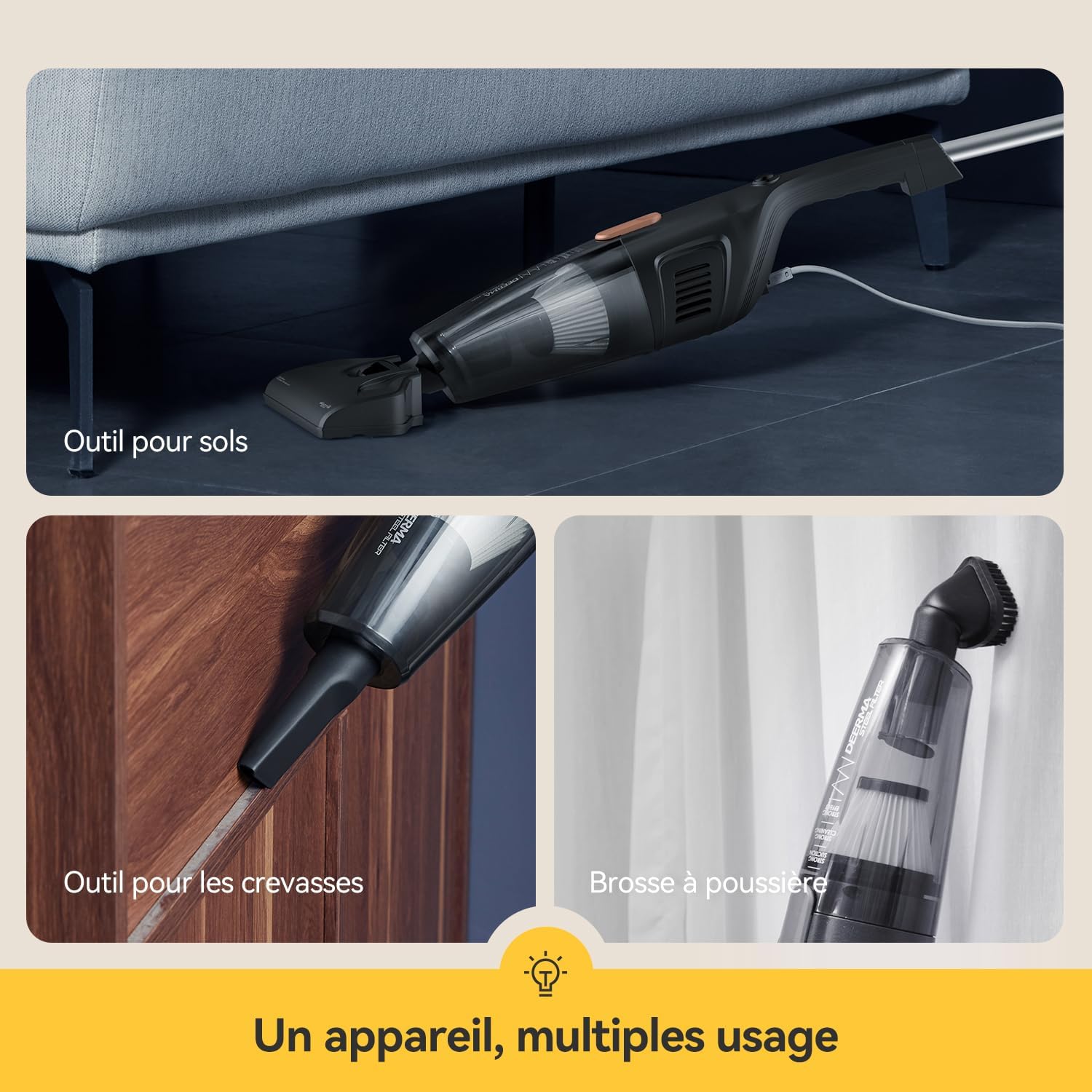 Deerma DEM-DX115C vacuum cleaner stored compactly next to furniture, showing cable management.