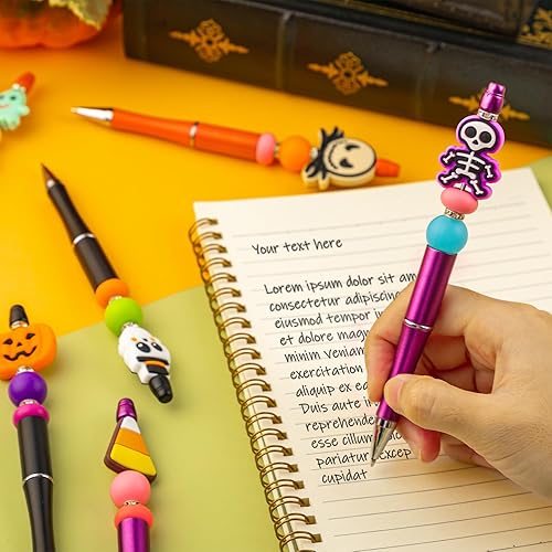 Miniatura 3 de Bolígrafos de cuentas de Halloween, bolígrafos de cuentas de plástico con 12 cuentas de silicona, bolígrafos de calavera de murciélago y calabaza