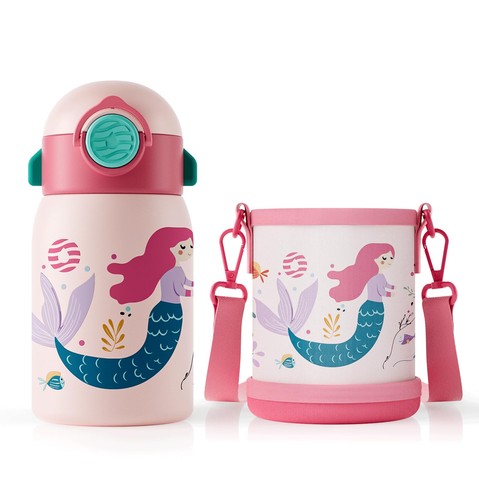 Fjbottle Botella de Agua Acero Inoxidable para Niños 400ml + Funda, Sin Fugas/Sin bpa Botella termica con Pajita para la Escuela y Deportes